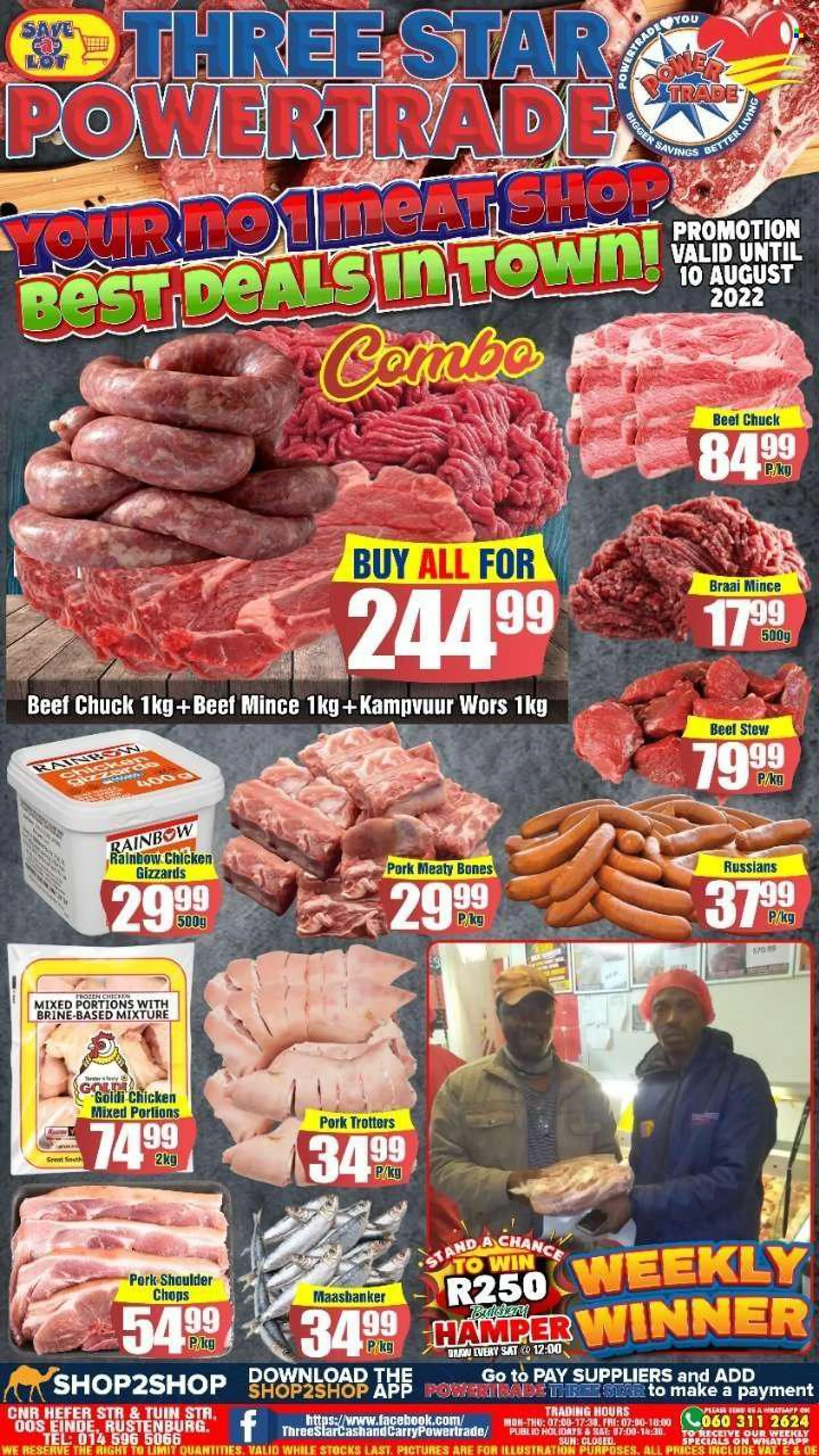 Three Star Cash and Carry catalogue  - 04/08/2022 - 10/08/2022 - Sales products - russians, hamper, chicken gizzards, chicken meat, beef meat, ground beef, pork meat, pork shoulder, braai. Page 2.