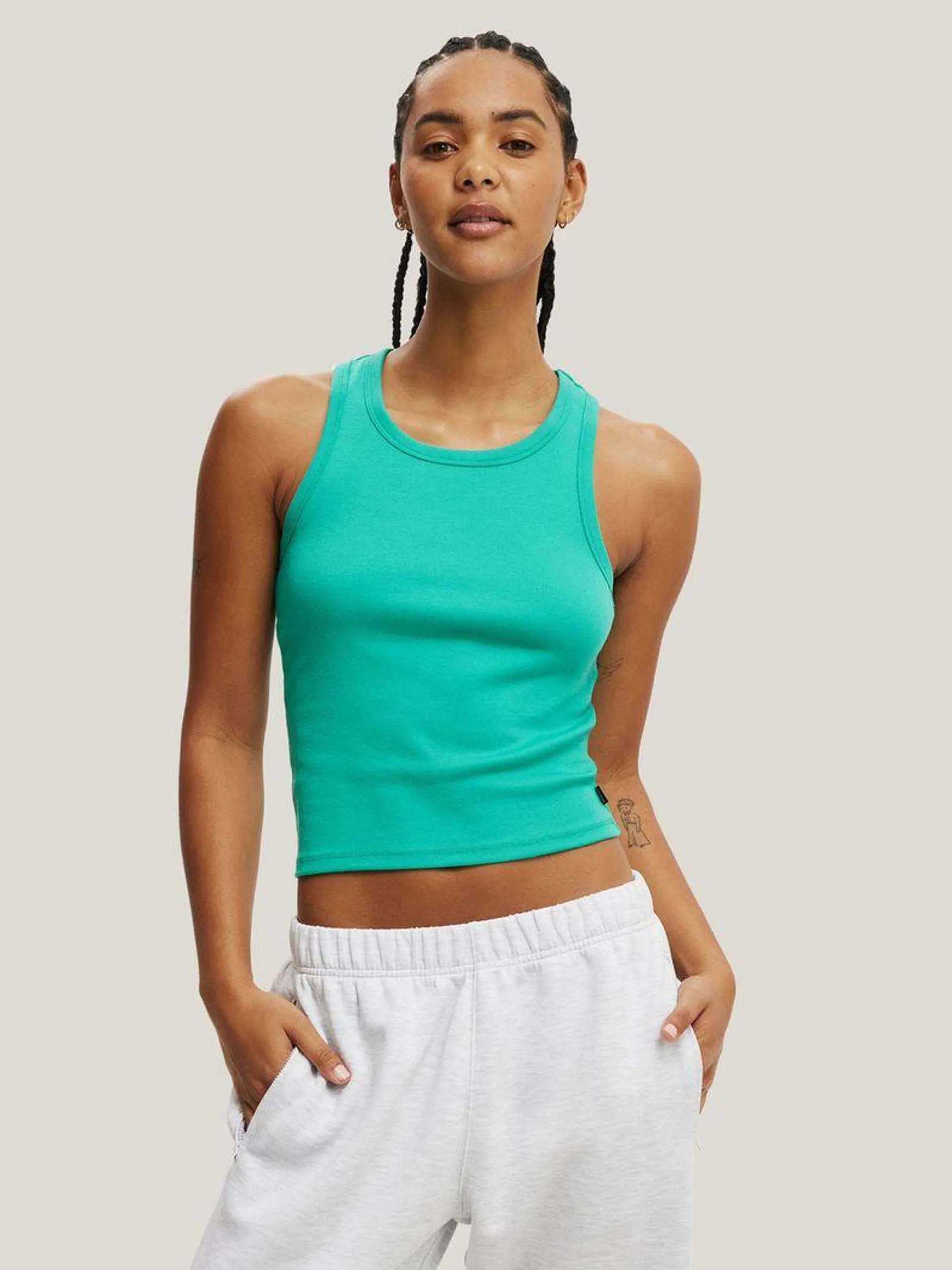 Women's Cotton On Green Active Core Rib Racer Tank Top