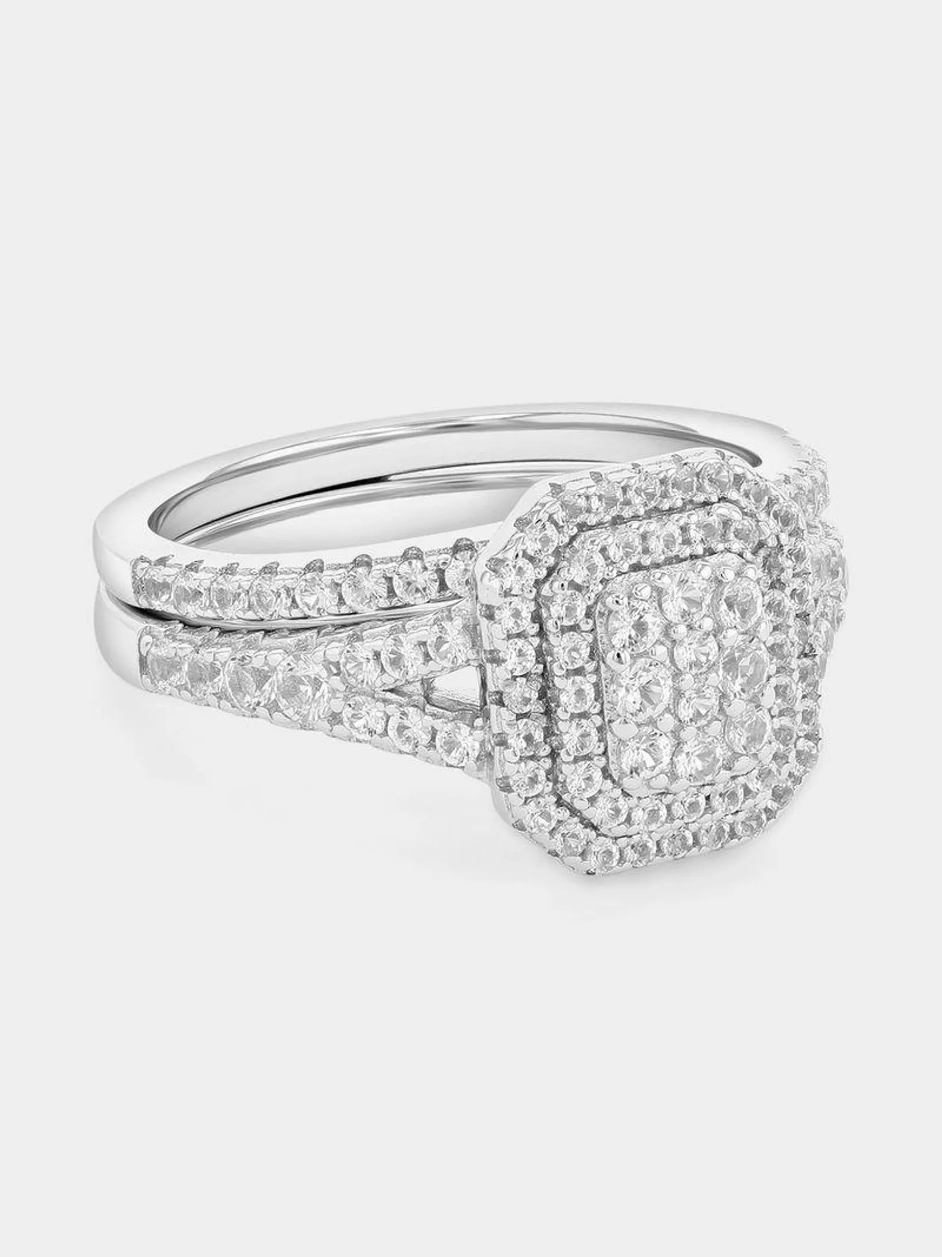 Sterling Silver Diamond Rectangle Halo Twinset Ring