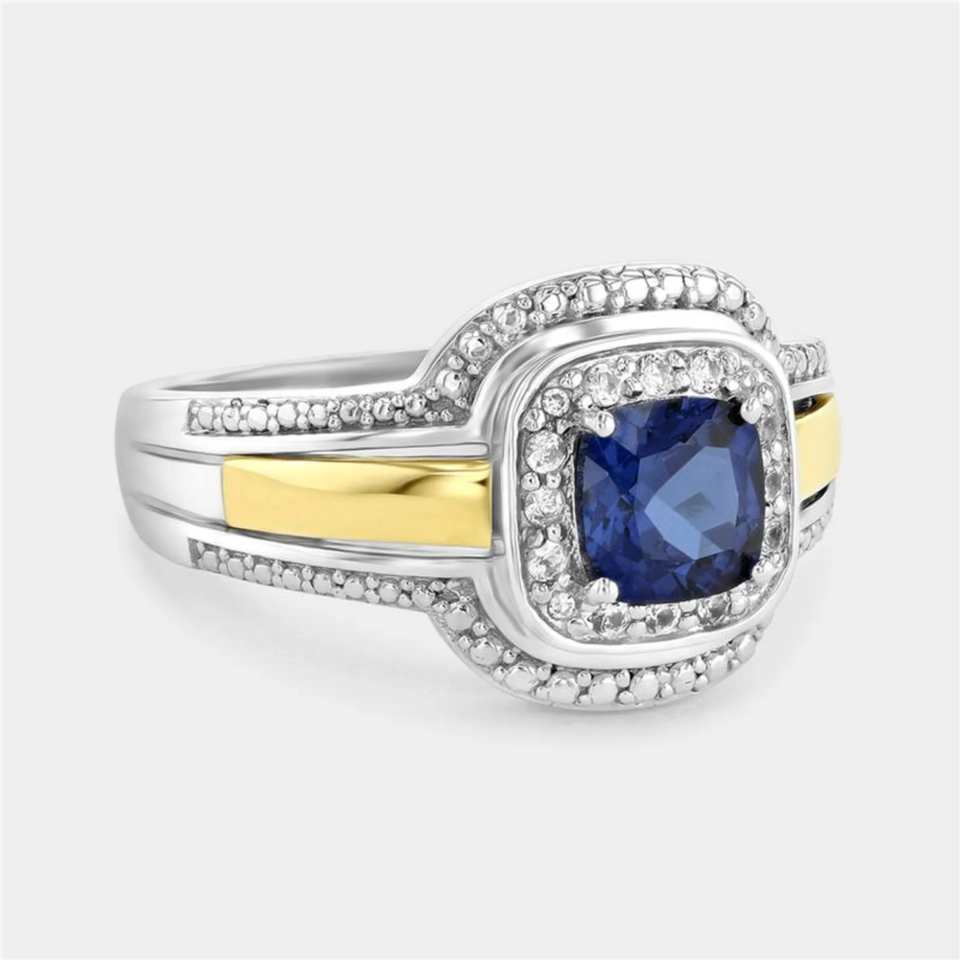 Yellow Gold & Sterling Silver Diamond & Created Blue Sapphire Cushion Halo Ring