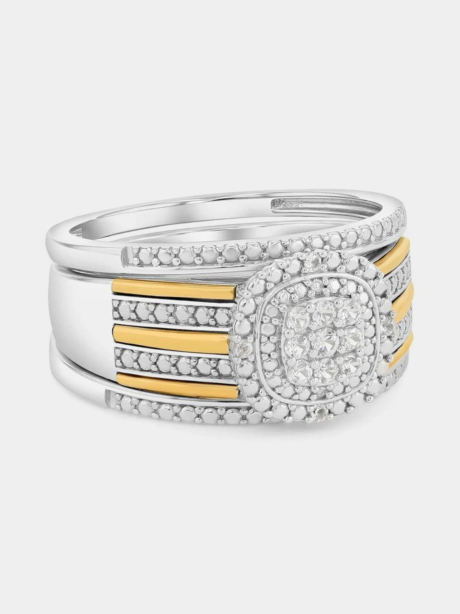 Yellow Gold & Sterling Silver Diamond Cushion Halo Triple Set Ring