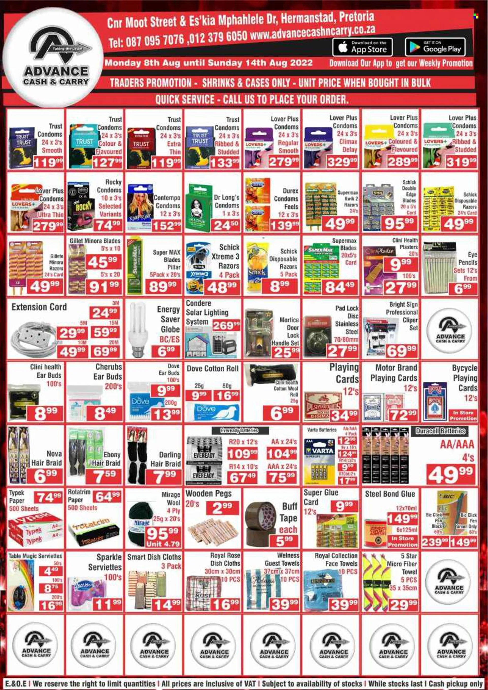 Advance Cash &amp; Carry catalogue  - 08/08/2022 - 14/08/2022 - Sales products - Dove, rosé wine, BIC, Schick, disposable razor, condom, Trust, pen, glue, paper, pencil, Duracell, Varta, Eveready, dish towel, towel, zinc. Page 12.