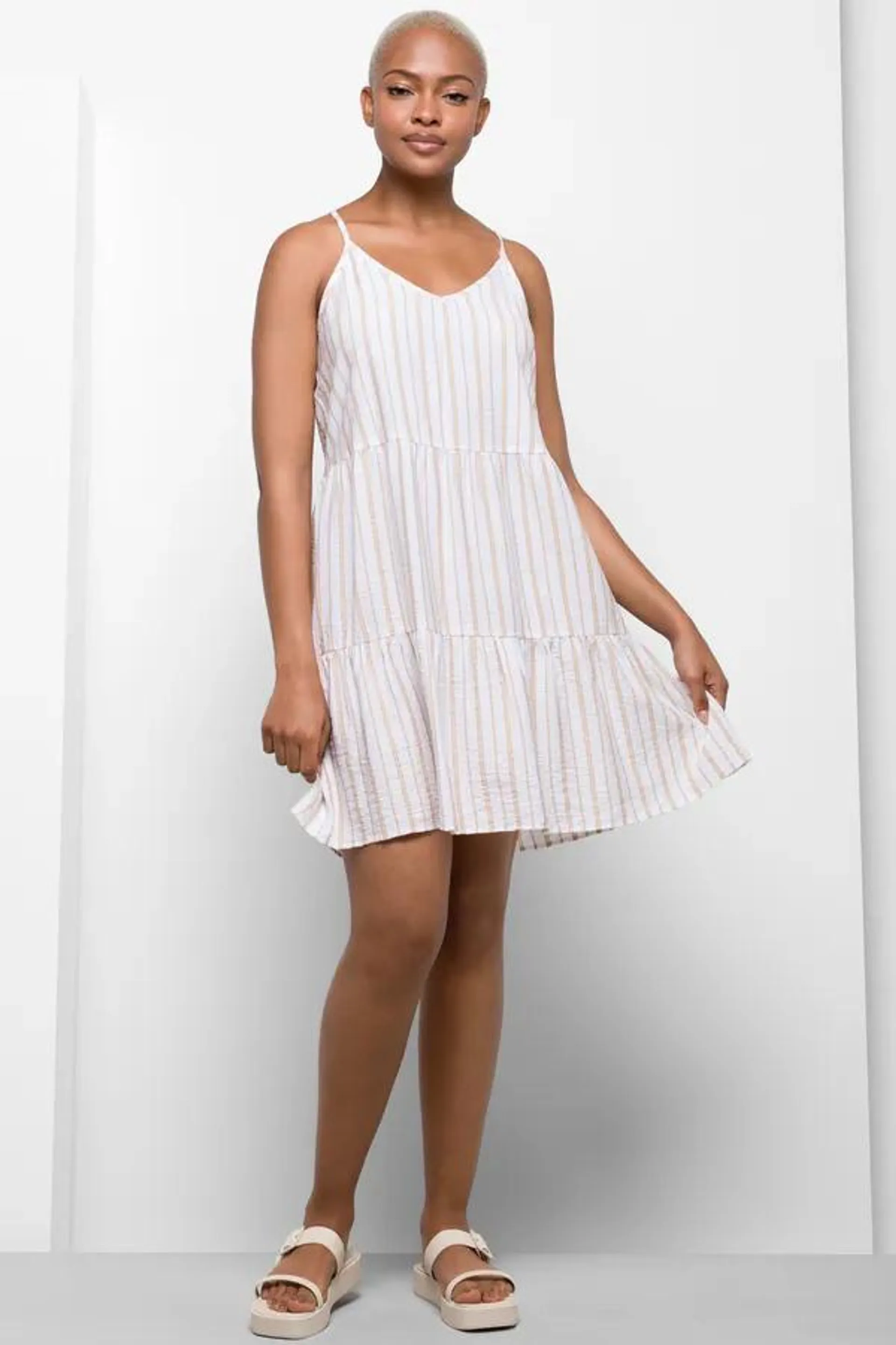 Stripe tiered dress white & natural