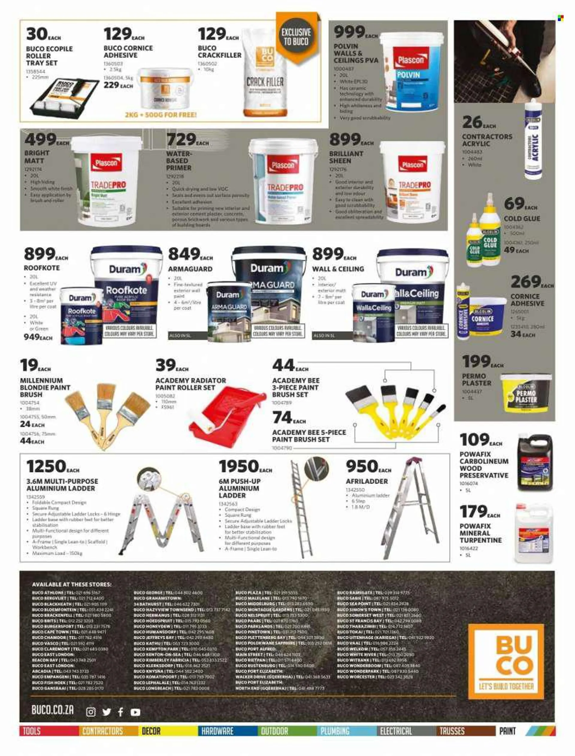 BUCO catalogue  - 22/06/2022 - 10/07/2022 - Sales products - kettle, roller, ladder, glue, adhesive, paint brush, brush set, roller tray set, Duram, work bench, roof paint. Page 4.