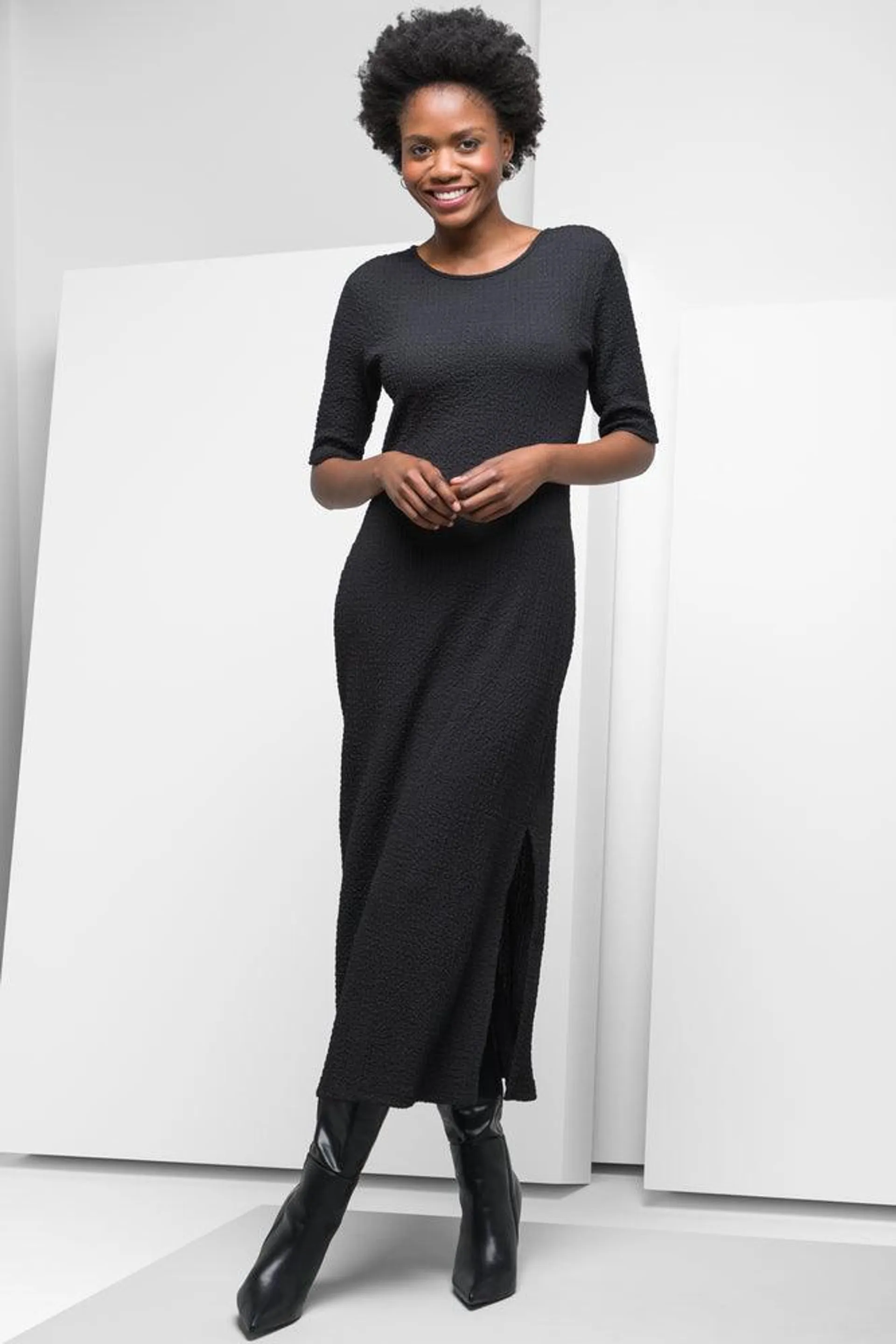 Textured Short Sleeve Column Dress Black