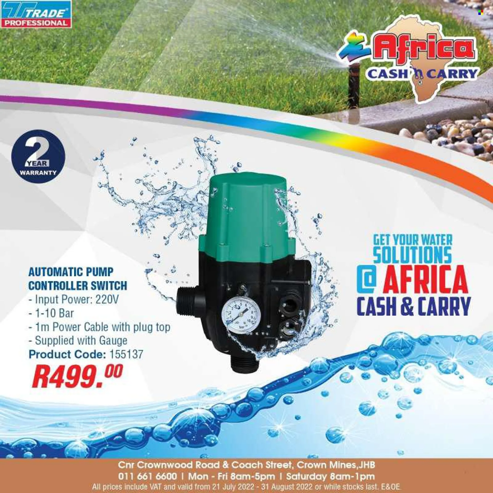 Africa Cash &amp; Carry catalogue  - 21/07/2022 - 31/08/2022 - Sales products - switch, pump. Page 1.