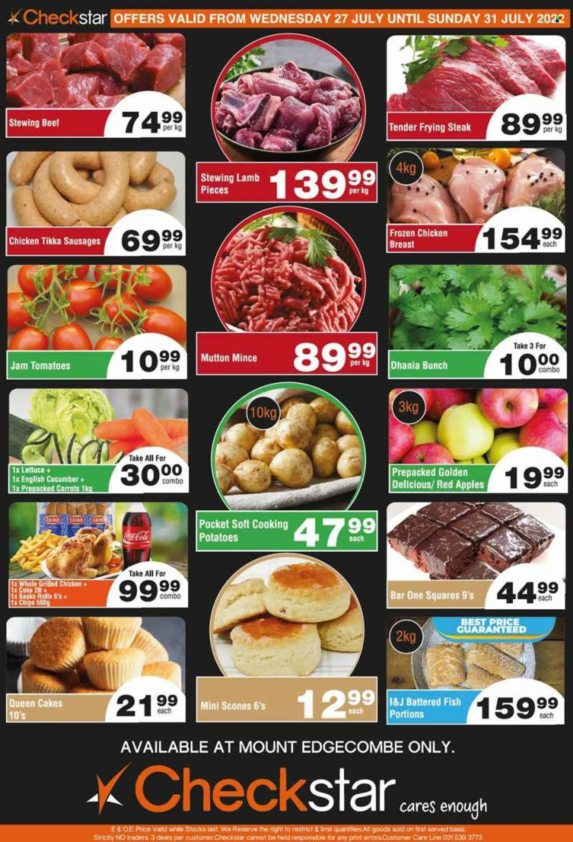 Checkstar catalogue  - 27/07/2022 - 31/07/2022 - Sales products - cake, carrots, tomatoes, potatoes, lettuce, Golden Delicious apple, apples, fish, sausage, jam, Coca-Cola, chicken breasts, chicken meat, beef meat, steak, stewing beef, mutton meat. Page 1