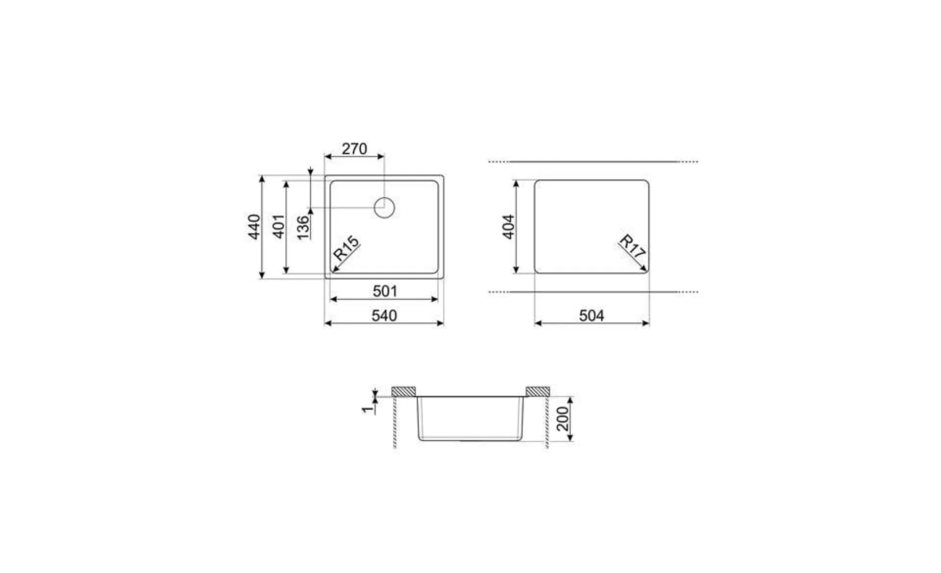 Smeg Mira Single Square Undermount Stainless Steel Bowl 440 x 540 x 200mm