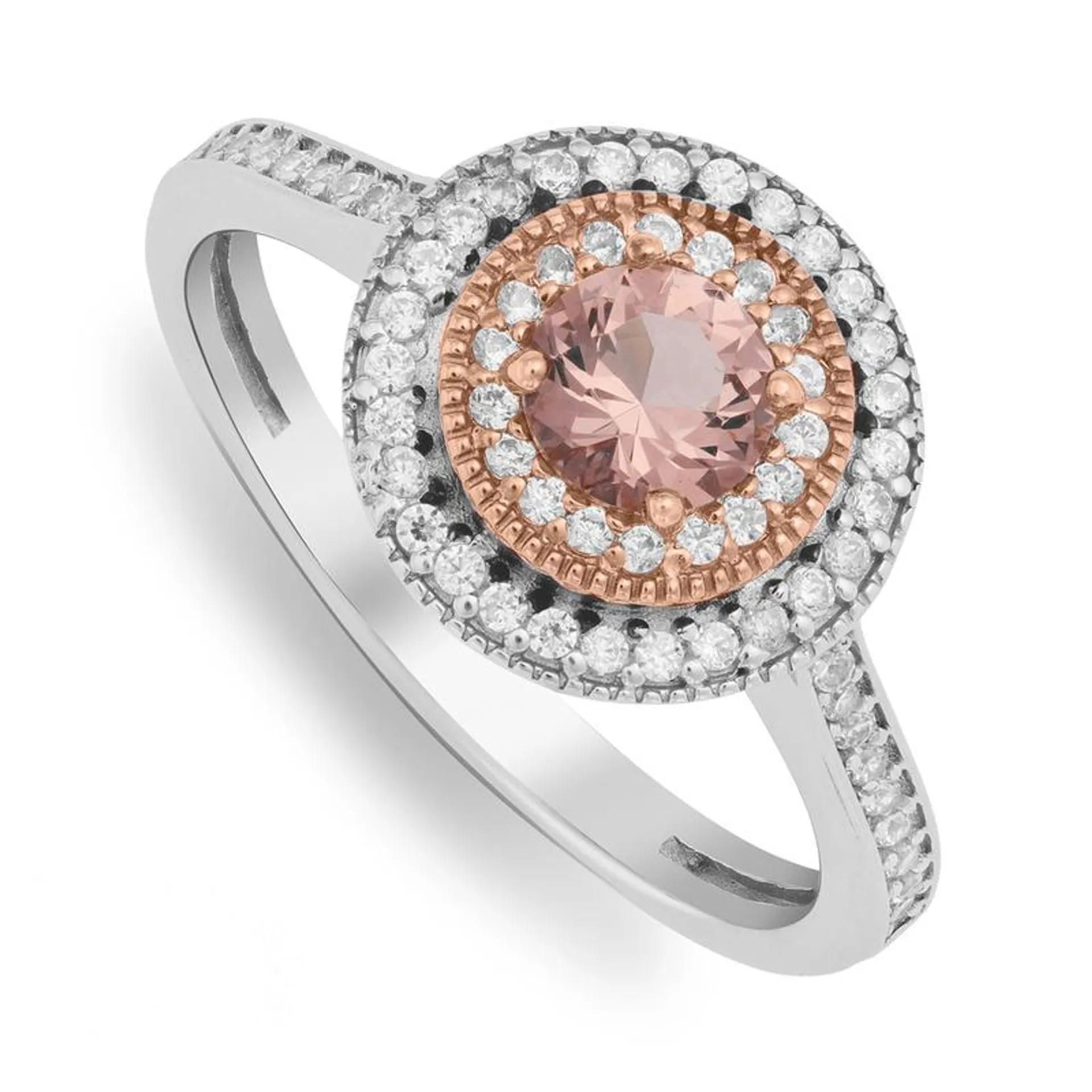 Sterling Silver & Rose Gold, Pink Cubic Zirconia Halo Ring