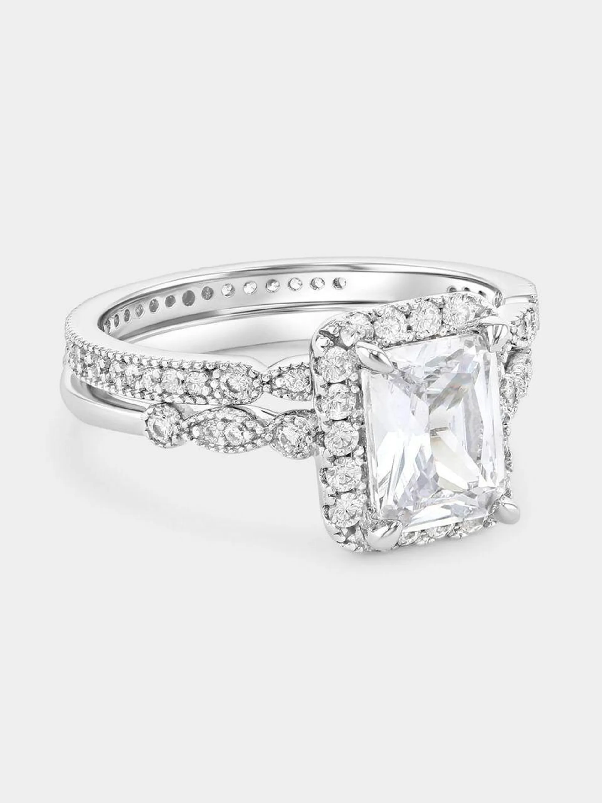 Sterling Silver Cubic Zirconia Emerald-Cut Halo Twinset Ring