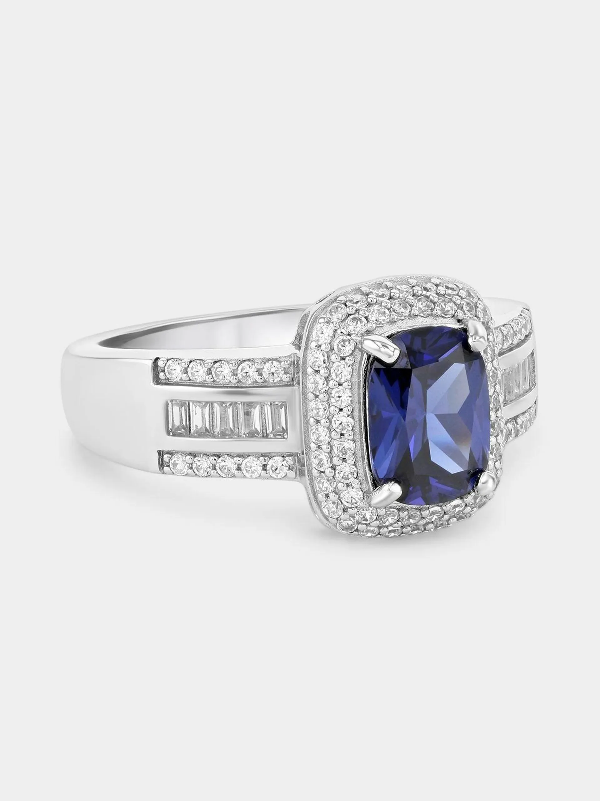 Sterling Silver Sapphire Blue Cubic Zirconia Emerald Halo Ring