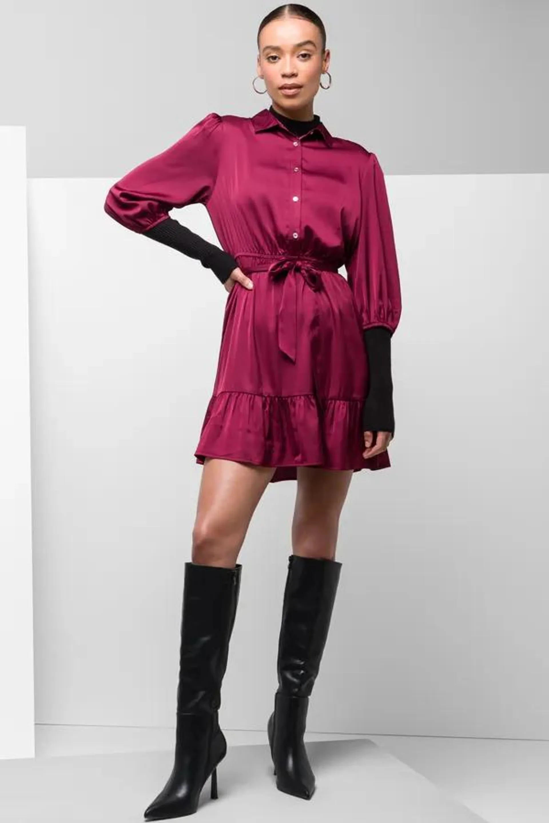 Satin frill shirt dress