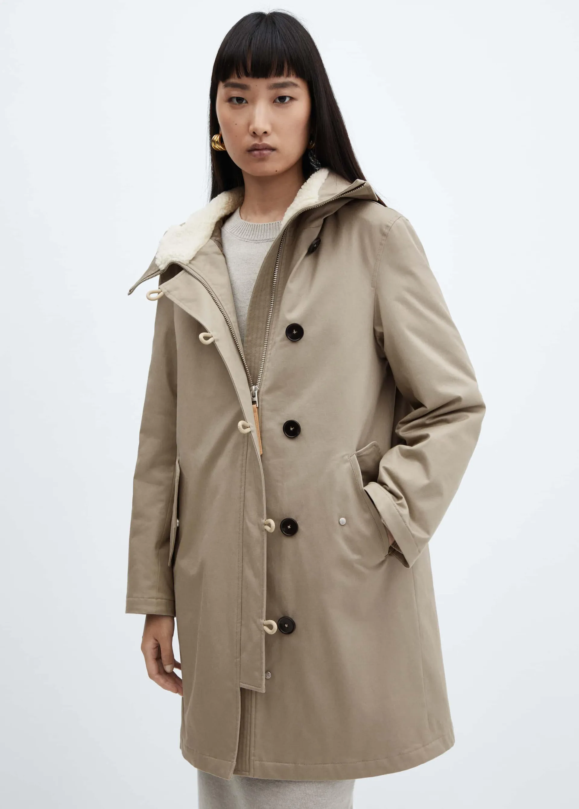 Midi-parka with shearling collar