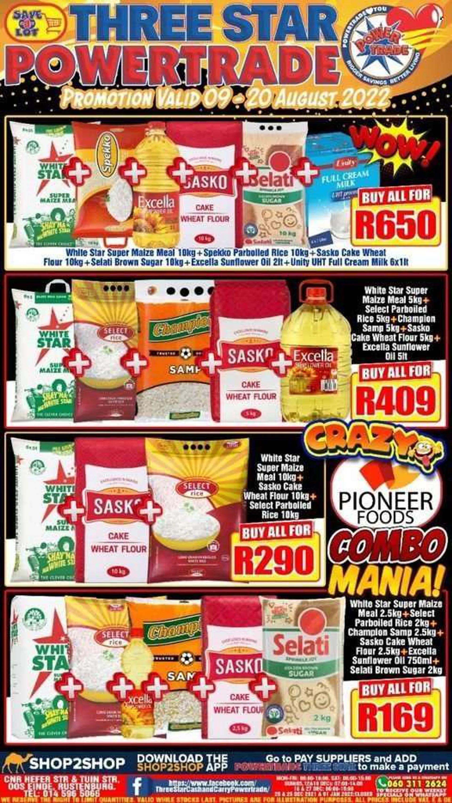 Three Star Cash and Carry catalogue  - 09/08/2022 - 20/08/2022 - Sales products - cane sugar, flour, wheat flour, maize meal, cake flour, White Star, rice, parboiled rice, Spekko, sunflower oil, oil. Page 1.