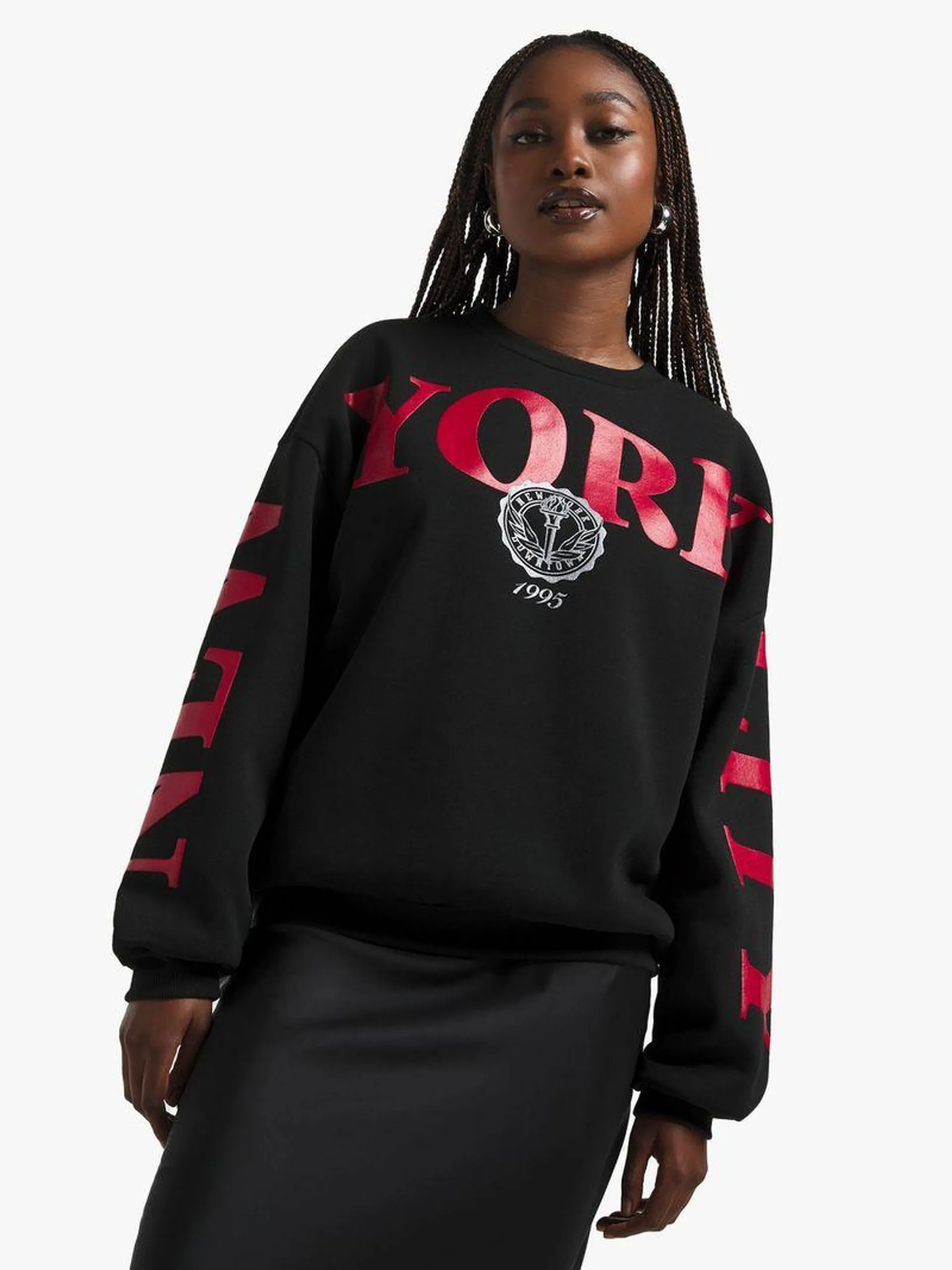 Women's Black Fleece Oversized Top With NY Print