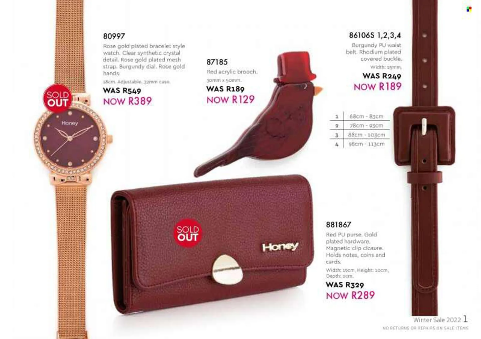 Honey catalogue  - Sales products - belt, bracelet, watch, waist belt. Page 3.
