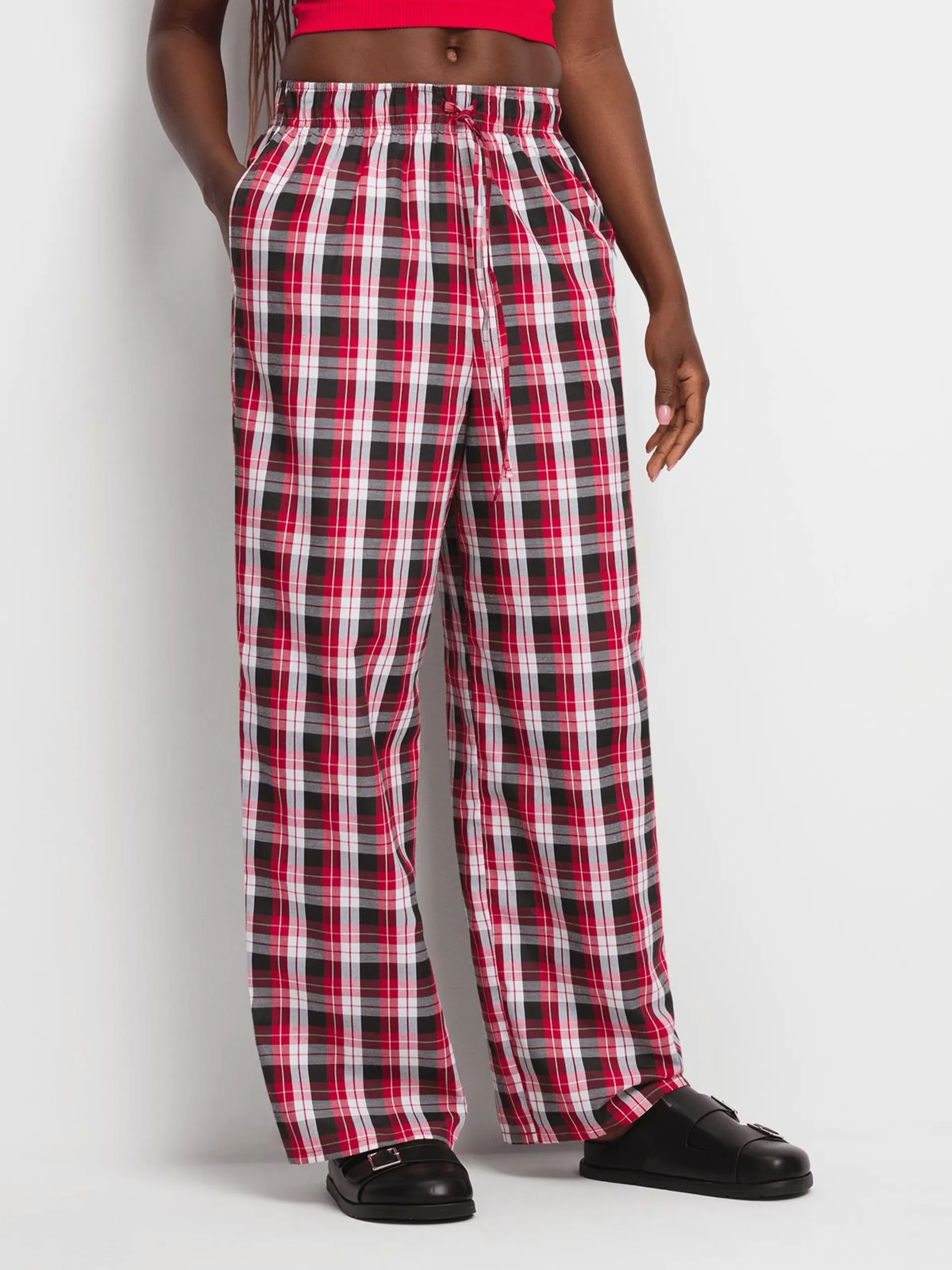 Women's Red Check Cotton Pajama Pull On Pants