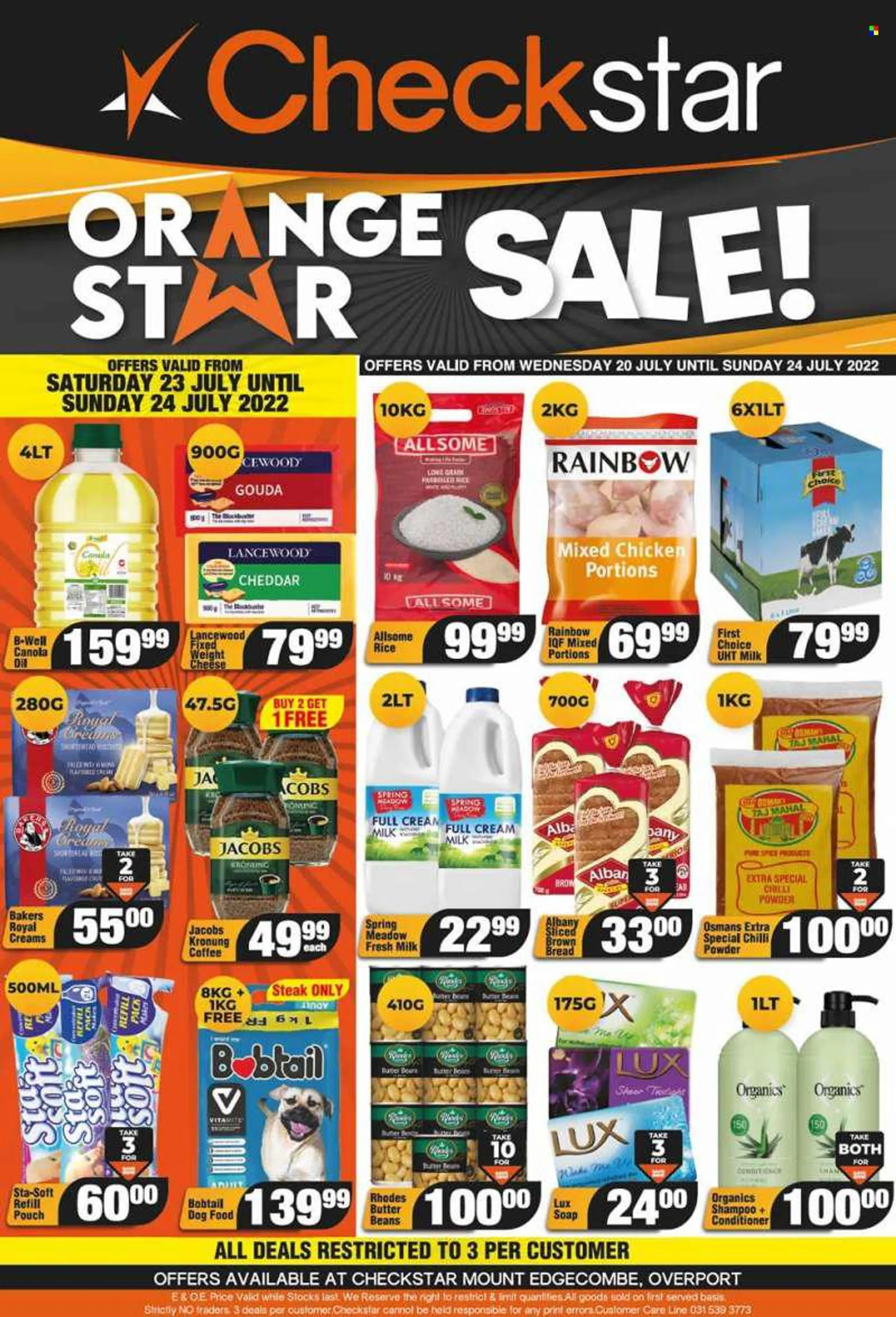Checkstar catalogue  - 20/07/2022 - 24/07/2022 - Sales products - bread, brown bread, orange, gouda, cheddar, cheese, Lancewood, Spring Meadow, butter, biscuit, rice, parboiled rice, spice, chilli powder, canola oil, oil, coffee, Jacobs, Jacobs Krönung, s