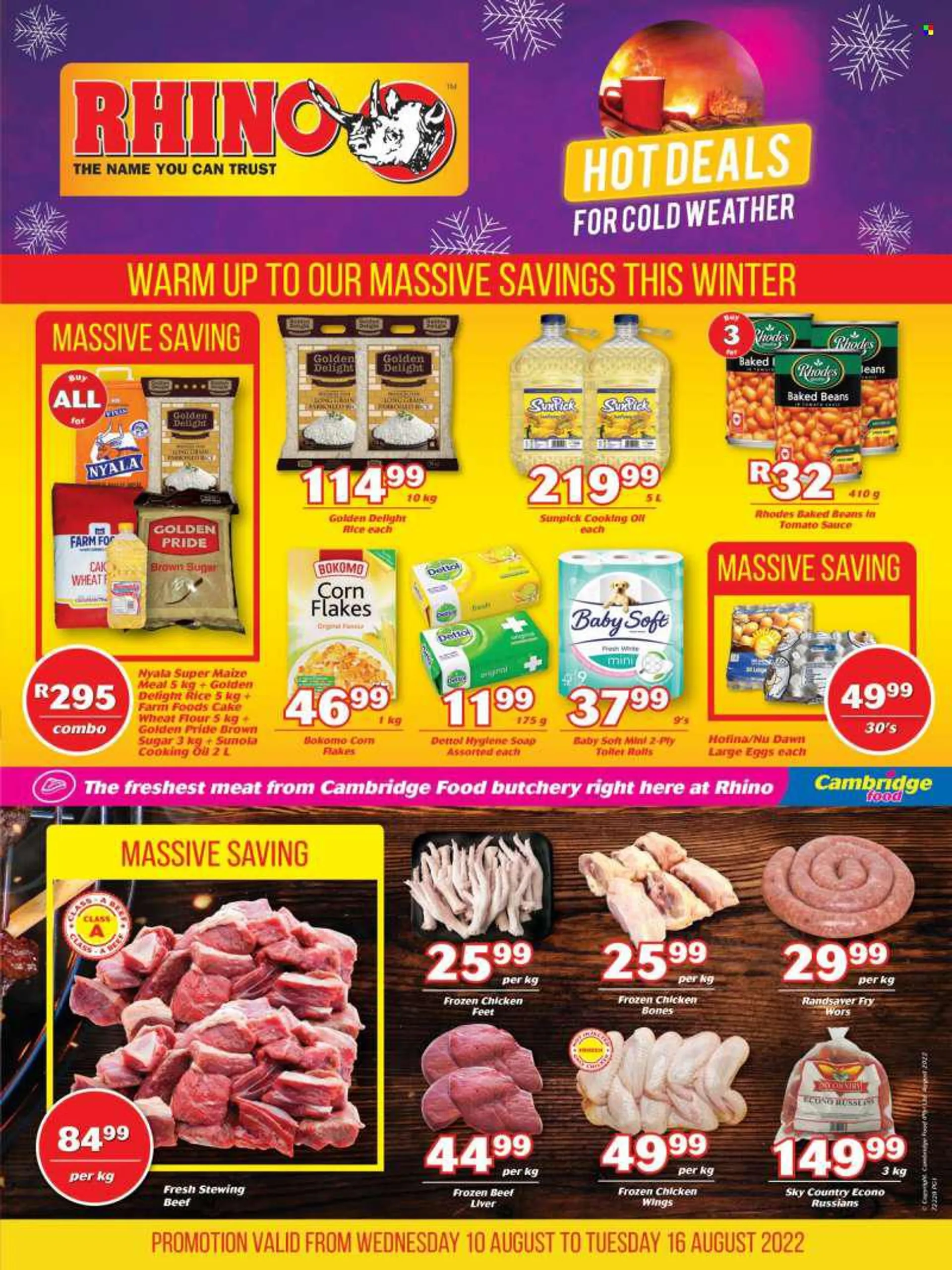 Rhino catalogue  - 10/08/2022 - 16/08/2022 - Sales products - beans, russians, large eggs, chicken wings, cane sugar, flour, wheat flour, maize meal, cake flour, baked beans, corn flakes, rice, parboiled rice, oil, cooking oil, chicken paws, chicken meat,