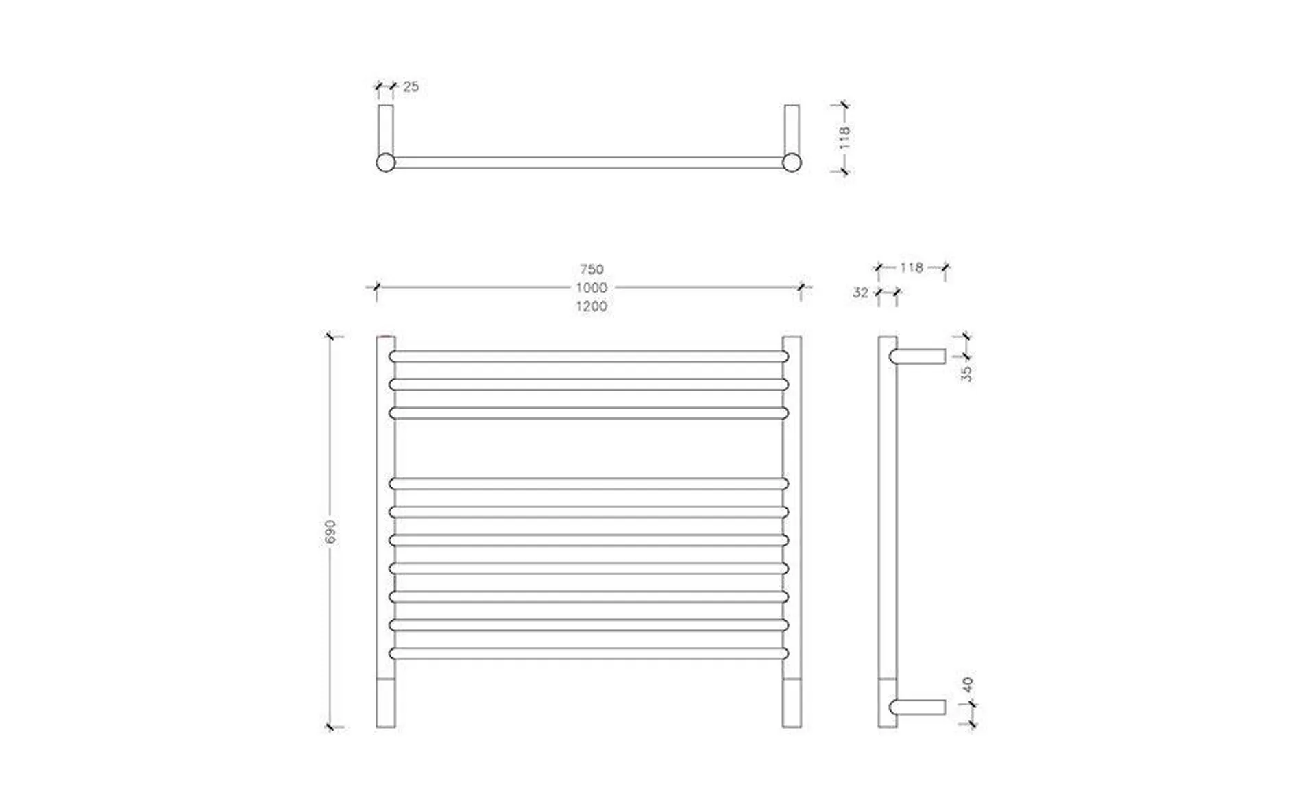 Jeeves Classic K Polished Stainless Steel Heated Rail 690 x 1000mm