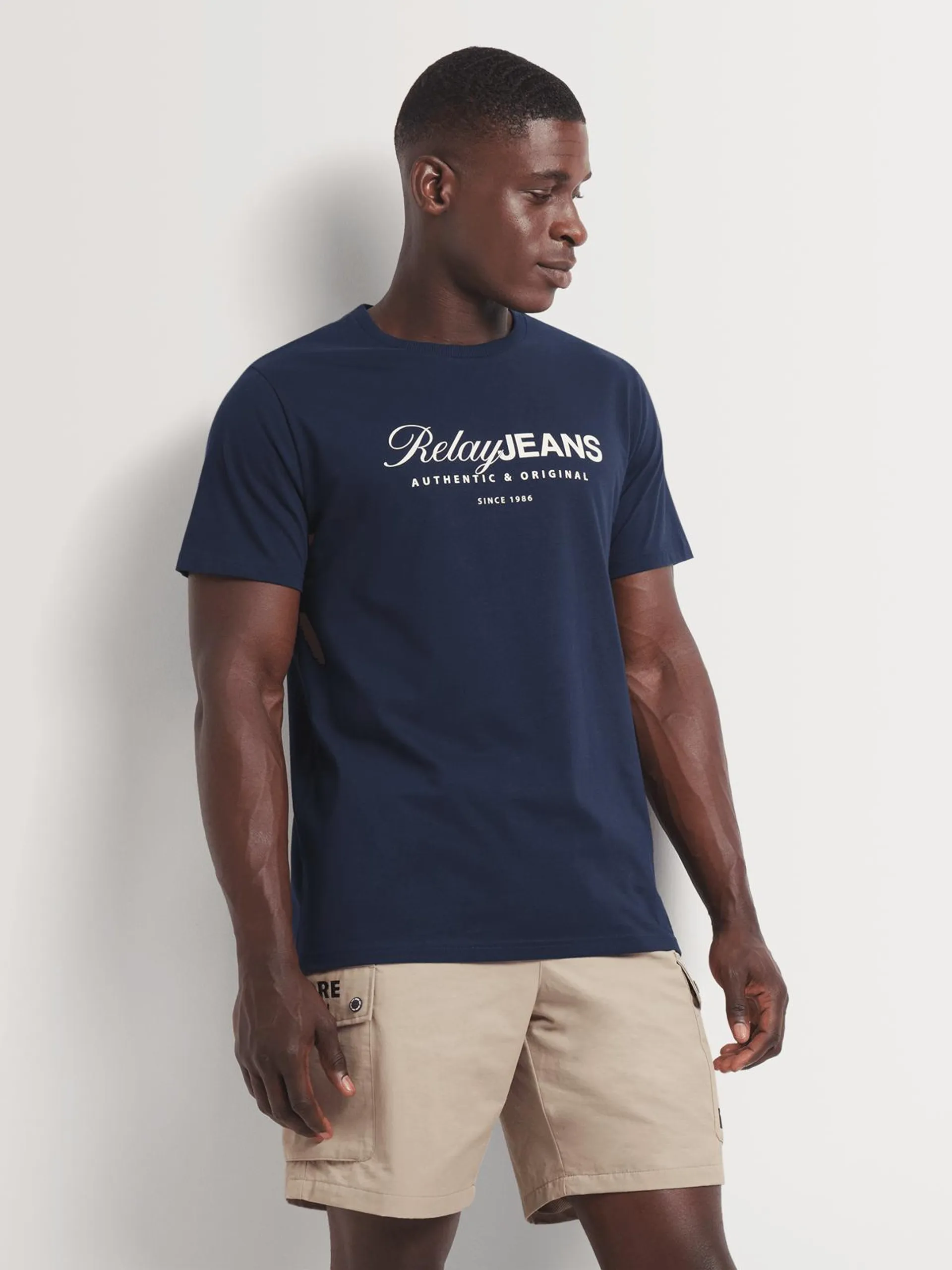 Men's Relay Jeans Signature Branded Navy Graphic T-Shirt