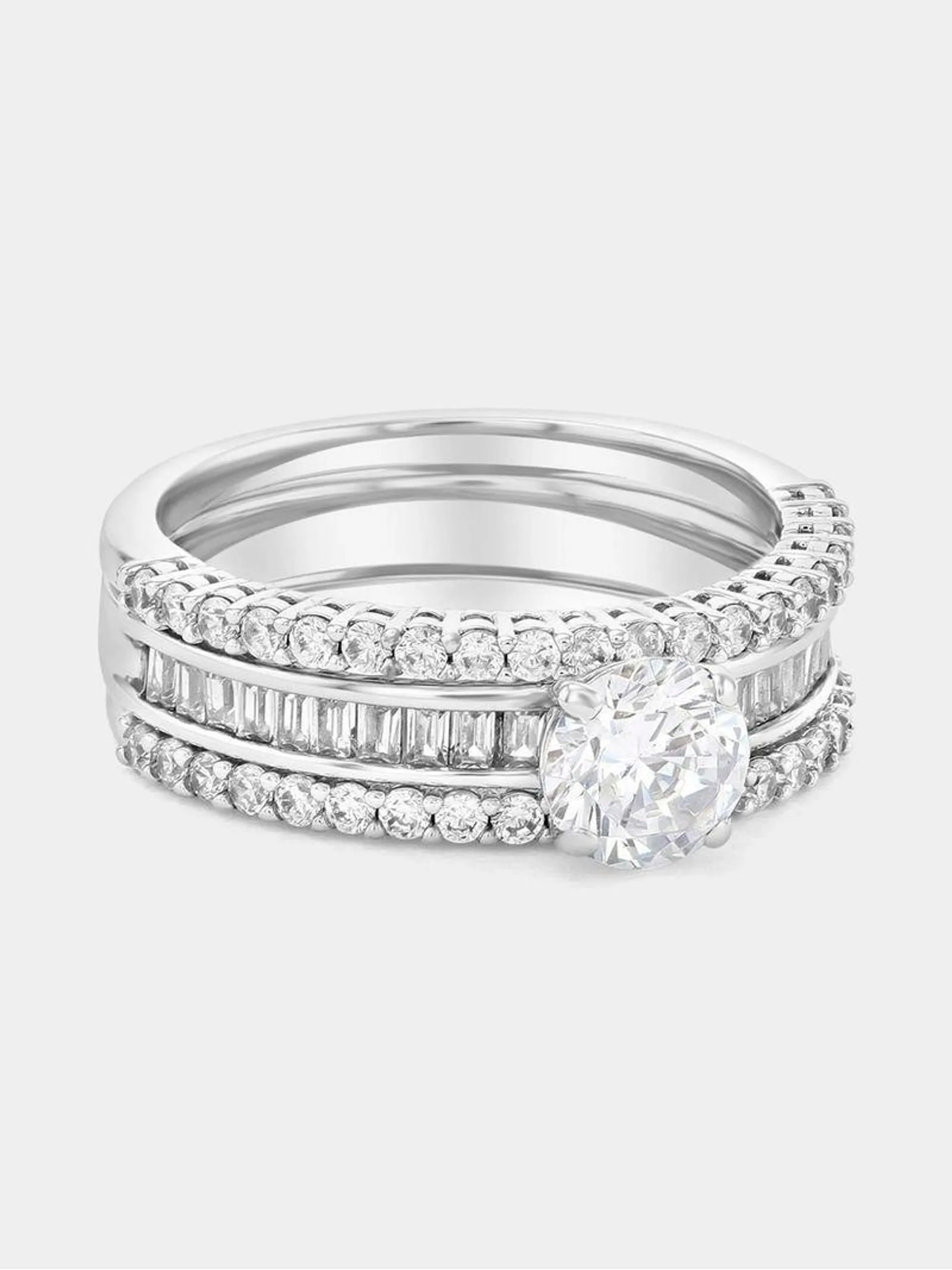 Cheté Sterling Silver Cubic Zirconia Solitaire Baguette Triple Set Ring