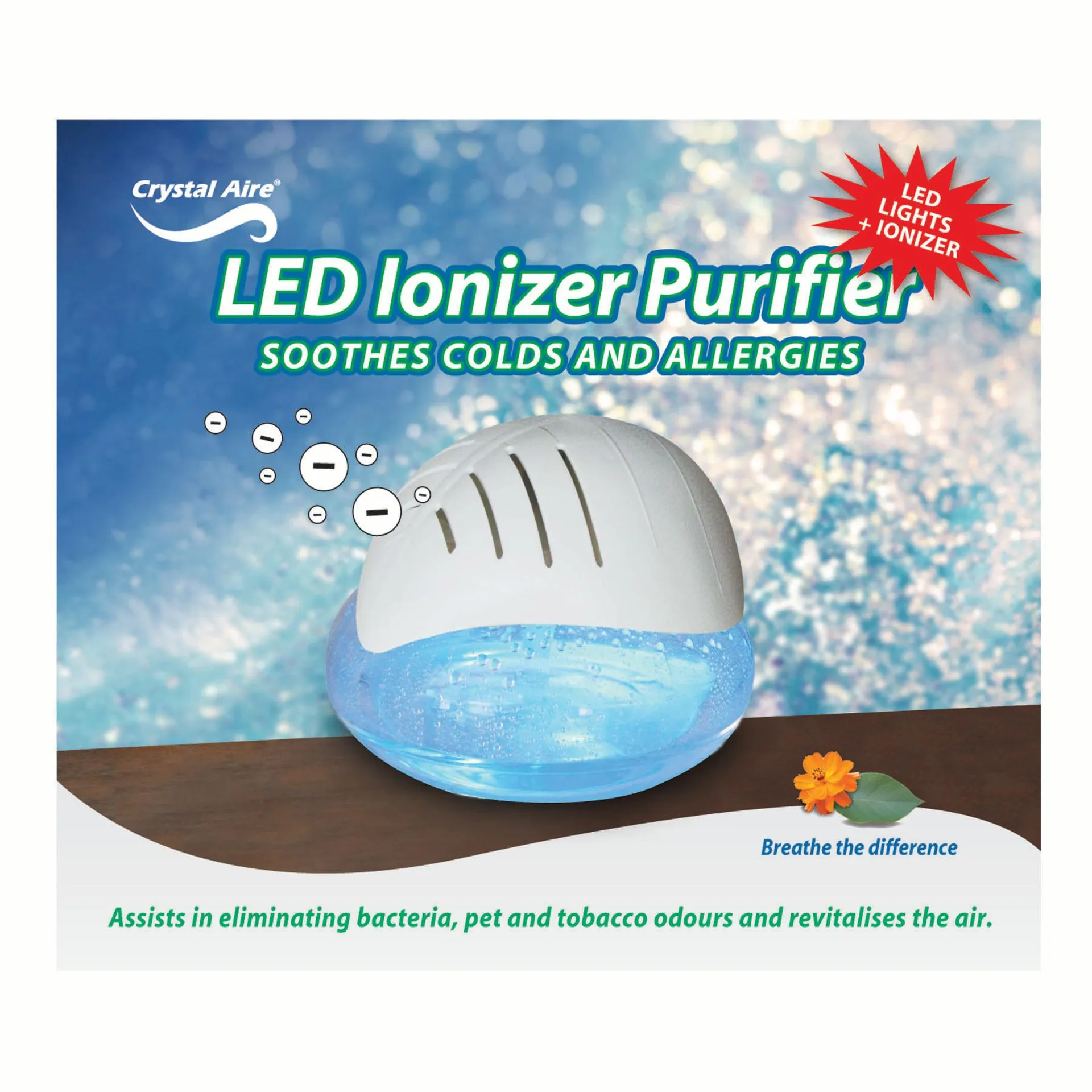 Crystal Aire Revitalizing LED IONISER Purifier w/ Alternating Lights