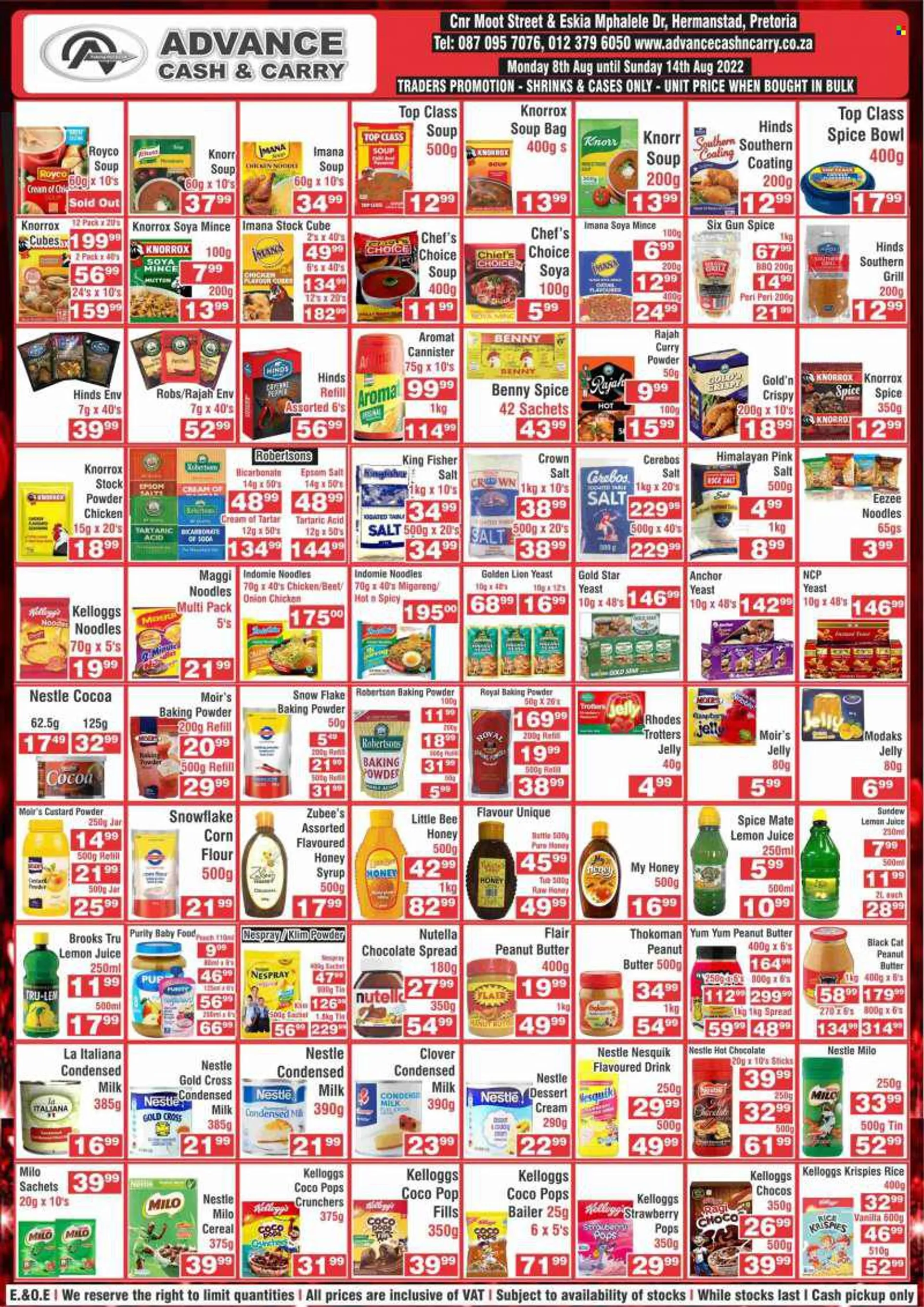 Advance Cash &amp; Carry catalogue  - 08/08/2022 - 14/08/2022 - Sales products - corn, orange, soup, instant noodles, Knorr, noodles, custard, Clover, Nesquik, milk, condensed milk, Milo, yeast, Anchor, Nestlé, Nutella, jelly, Kelloggs, baking powder, bic