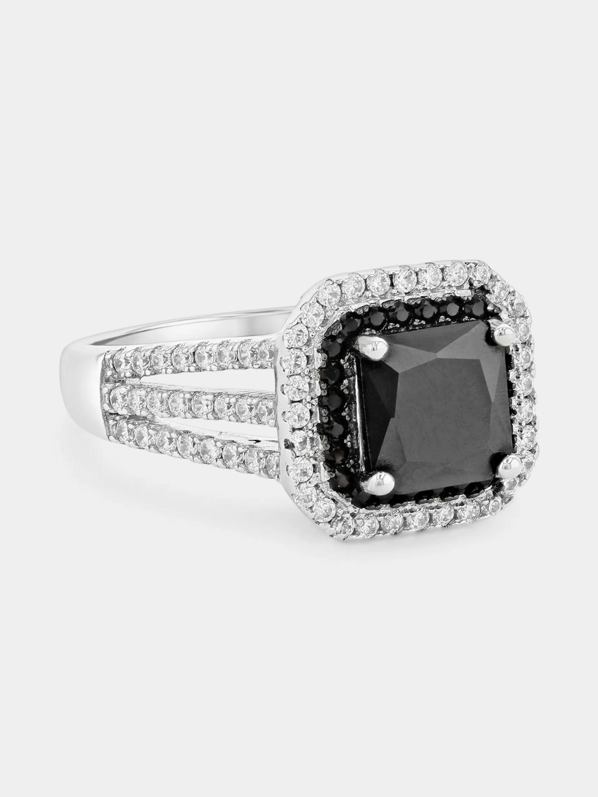 Sterling Silver Black Cubic Zirconia Cushion Halo Ring