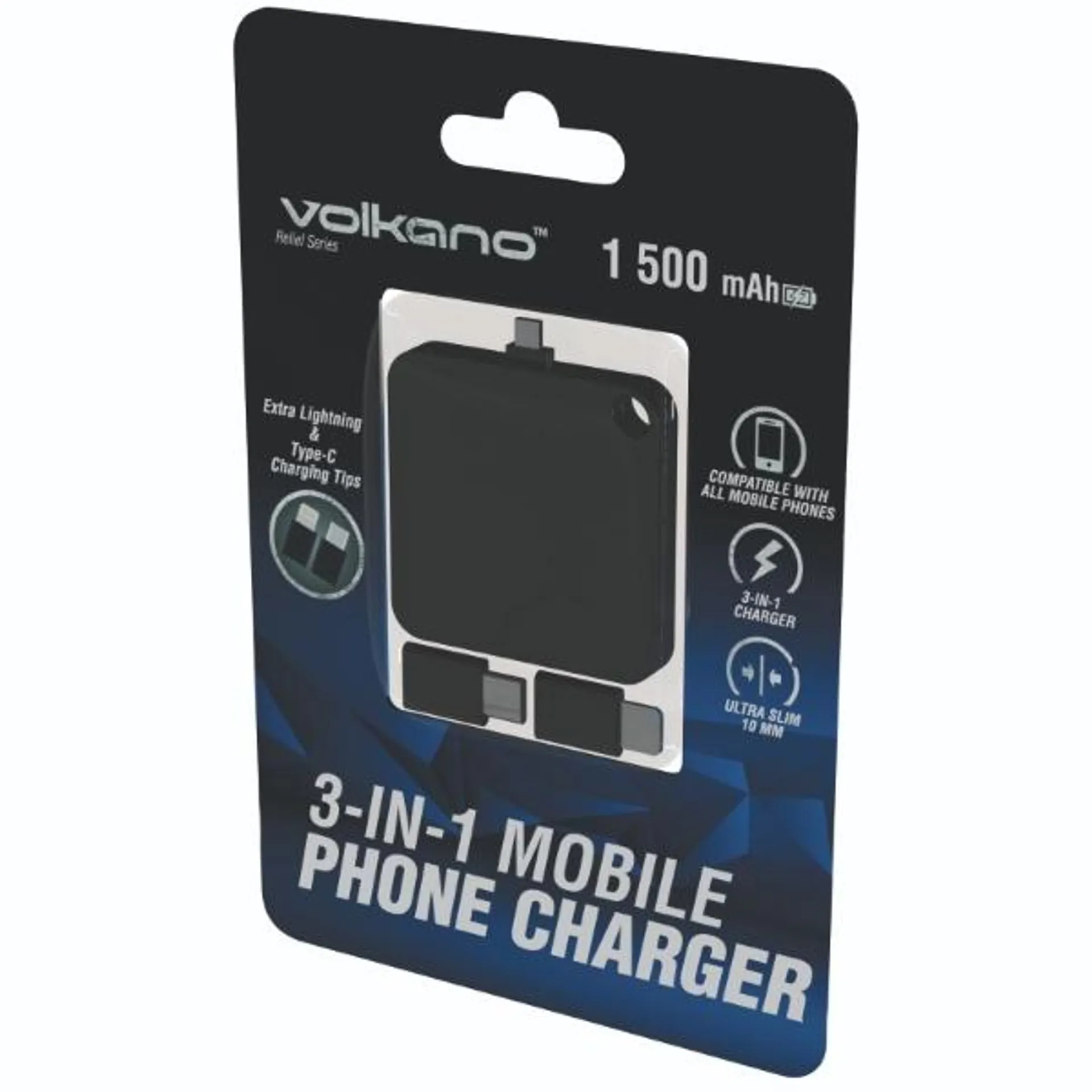 Volkano 1500MAH 3-IN-1 Phone Charger VK-9015-BK