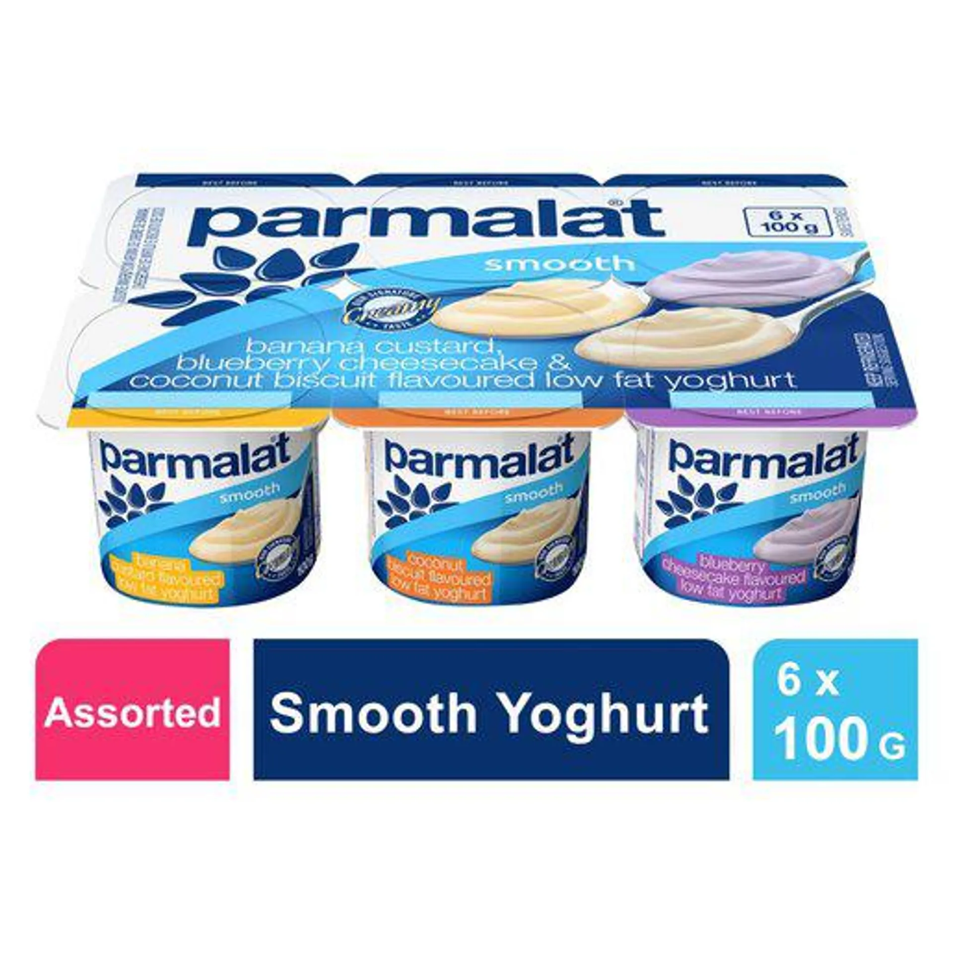 Parmalat Banana Custard Blueberry Cheesecake & Coconut Biscuit Yoghurt 6 x 100g