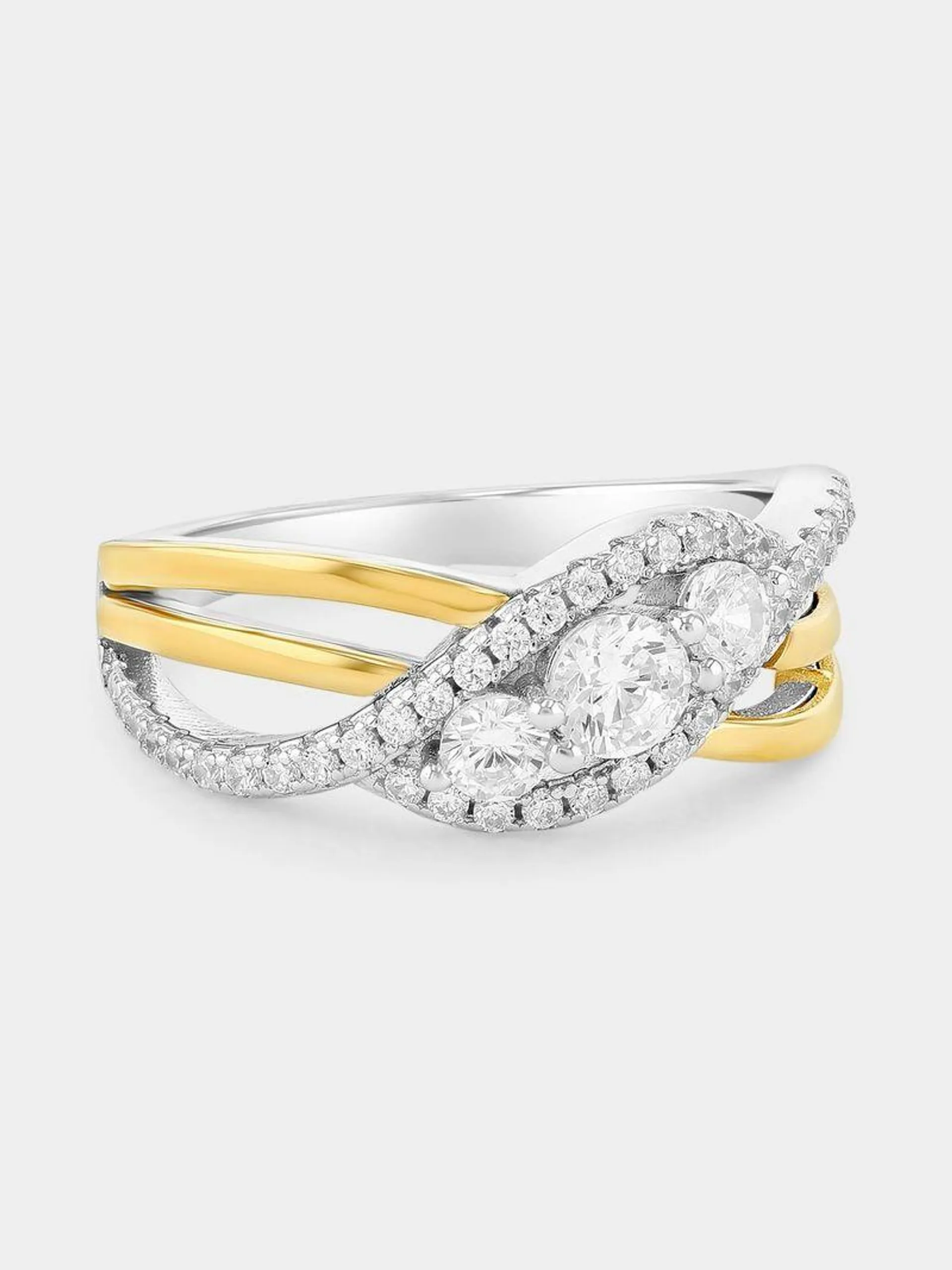 Yellow Gold & Sterling Silver Cubic Zirconia Trilogy Embrace Ring