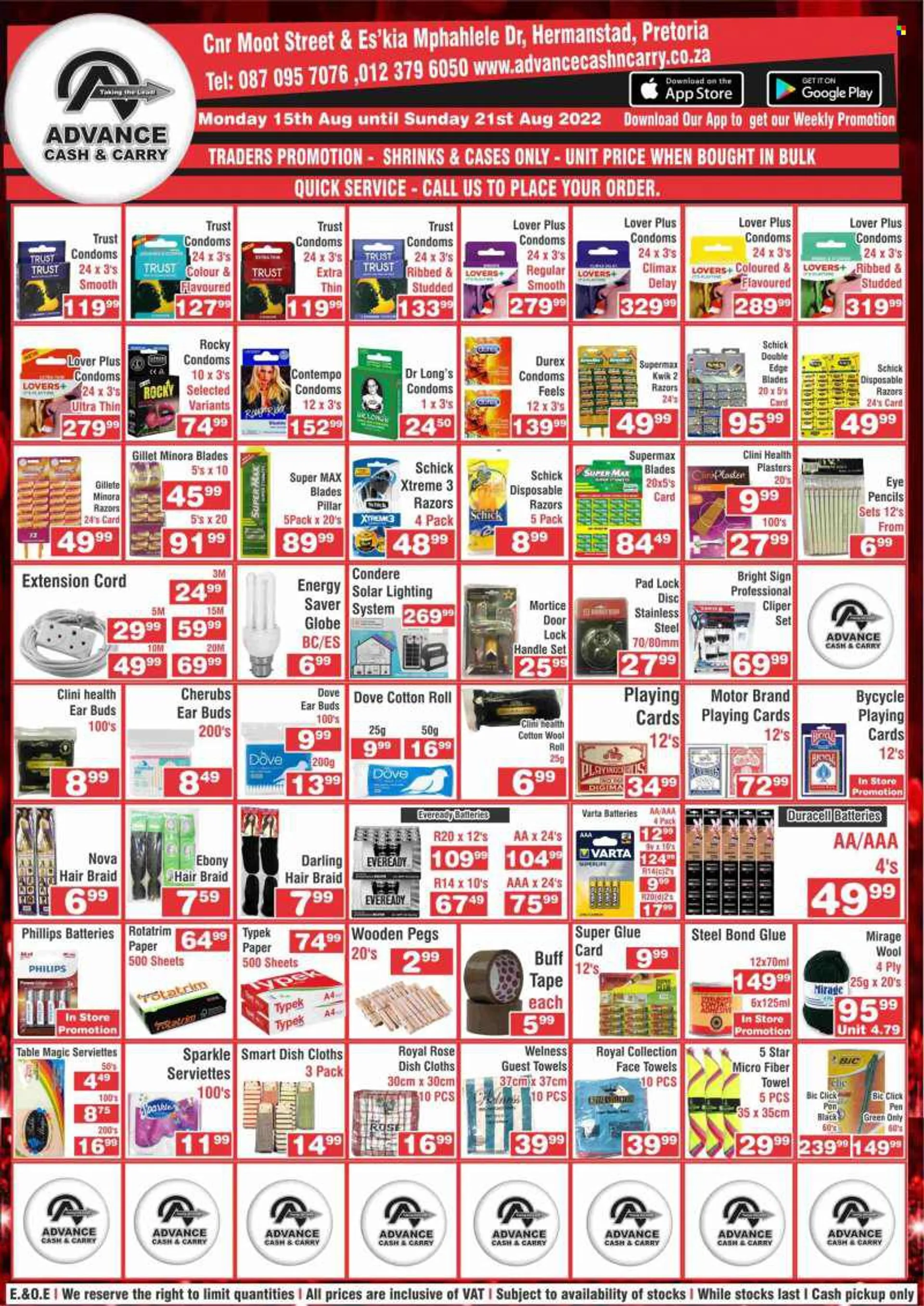 Advance Cash &amp; Carry catalogue  - 15/08/2022 - 21/08/2022 - Sales products - Dove, rosé wine, BIC, Schick, disposable razor, condom, Trust, pen, glue, paper, pencil, Duracell, Varta, Philips, Eveready, dish towel, towel, zinc. Page 13.