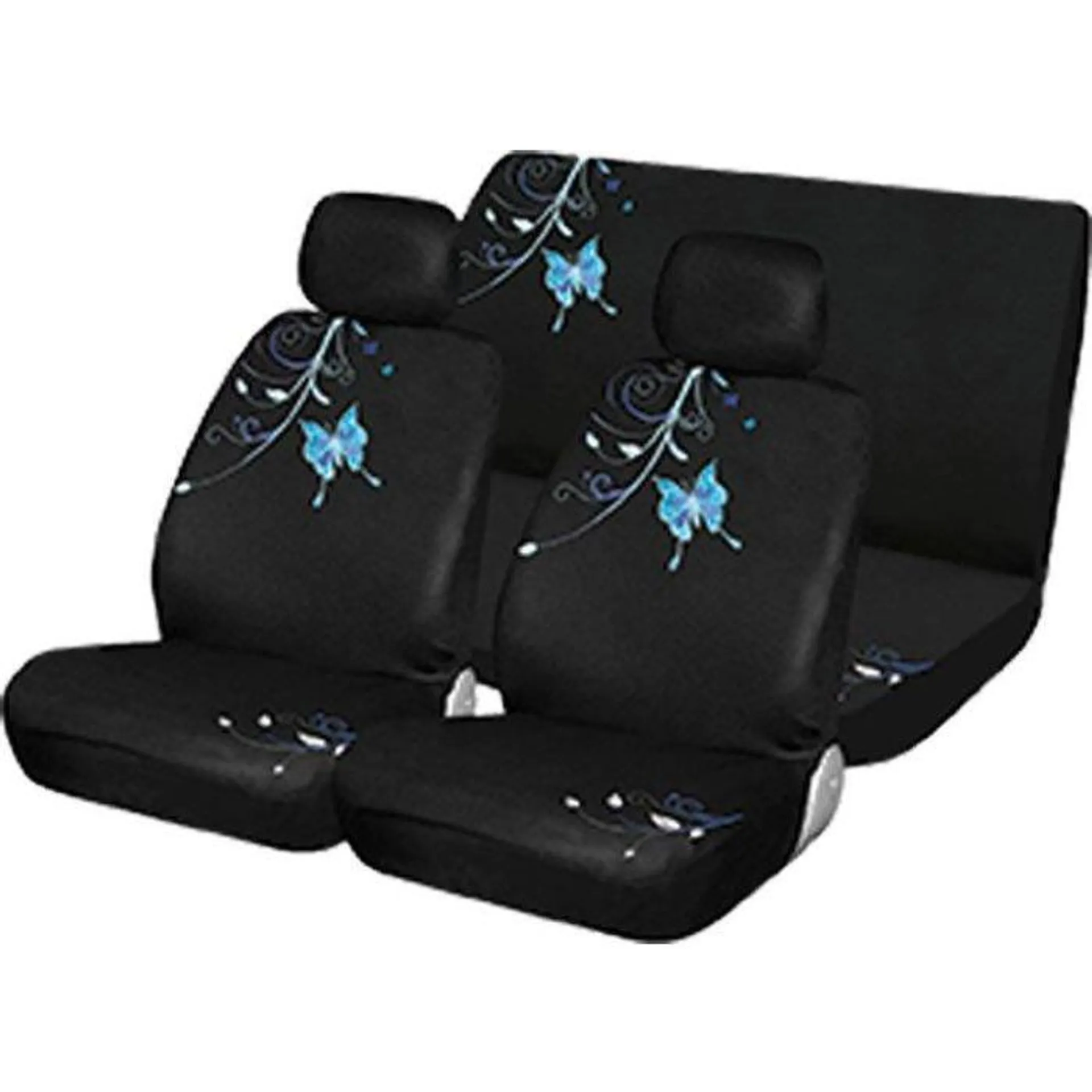 Autogear 6 Piece Butterfly Seat Cover Front & Rear Set Black Blue Butterfly
