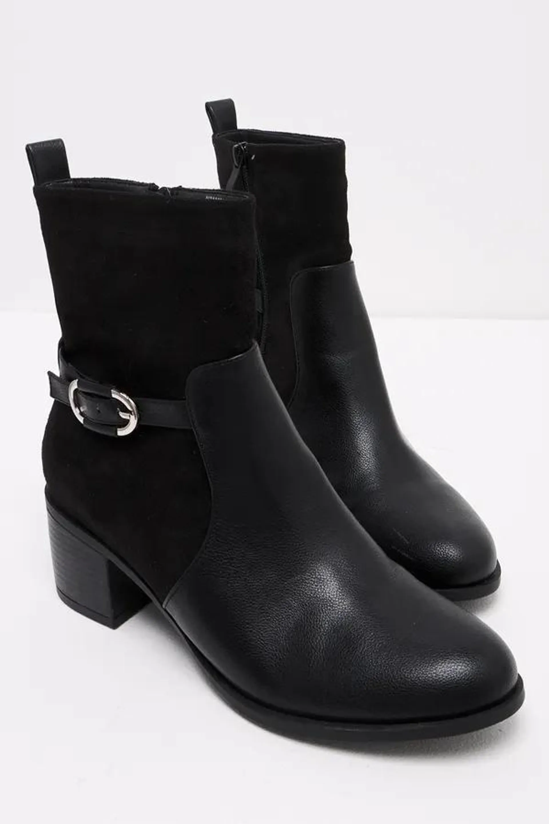 Buckle block heel boot black