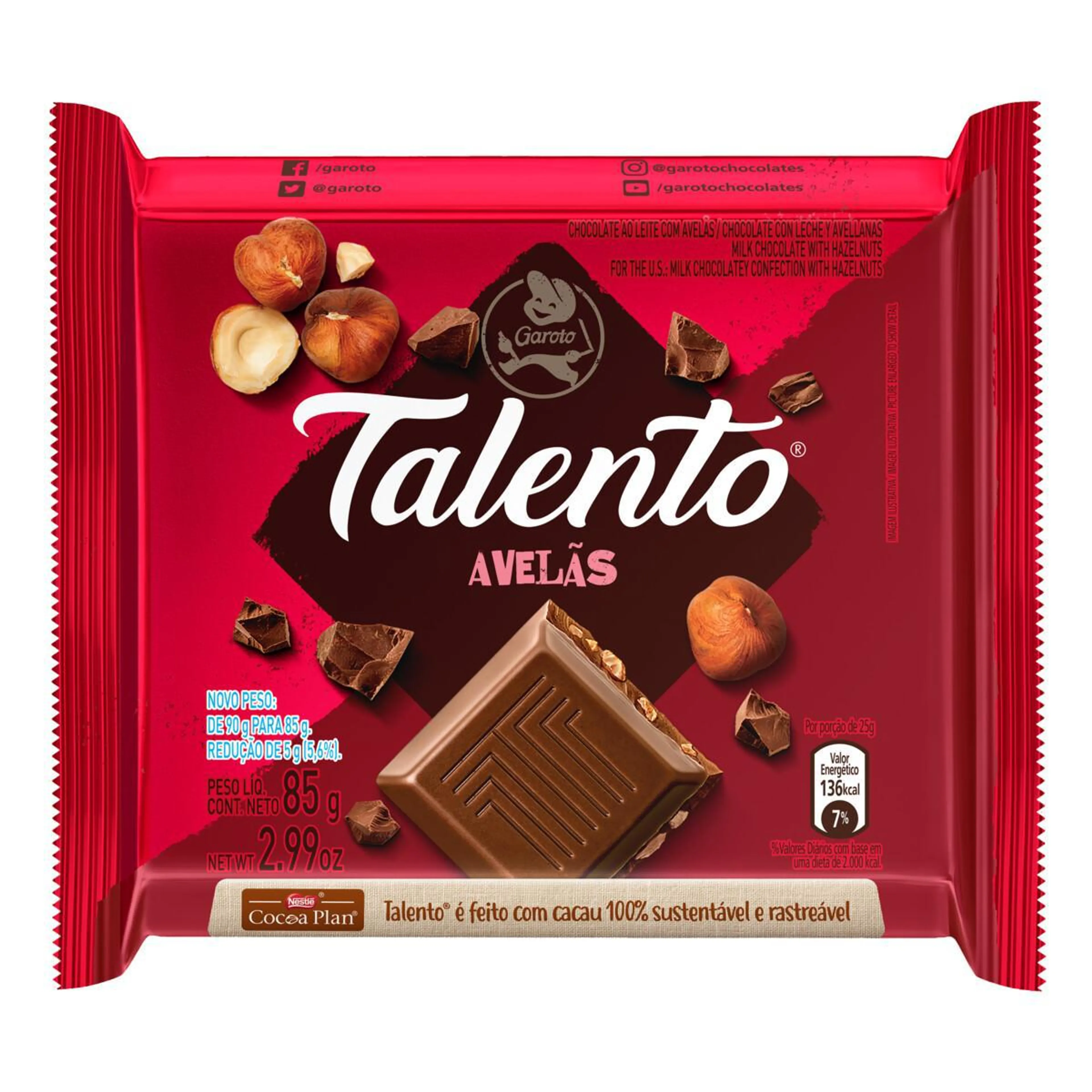 Chocolate ao Leite com Avelã 85g - Garoto/Talento