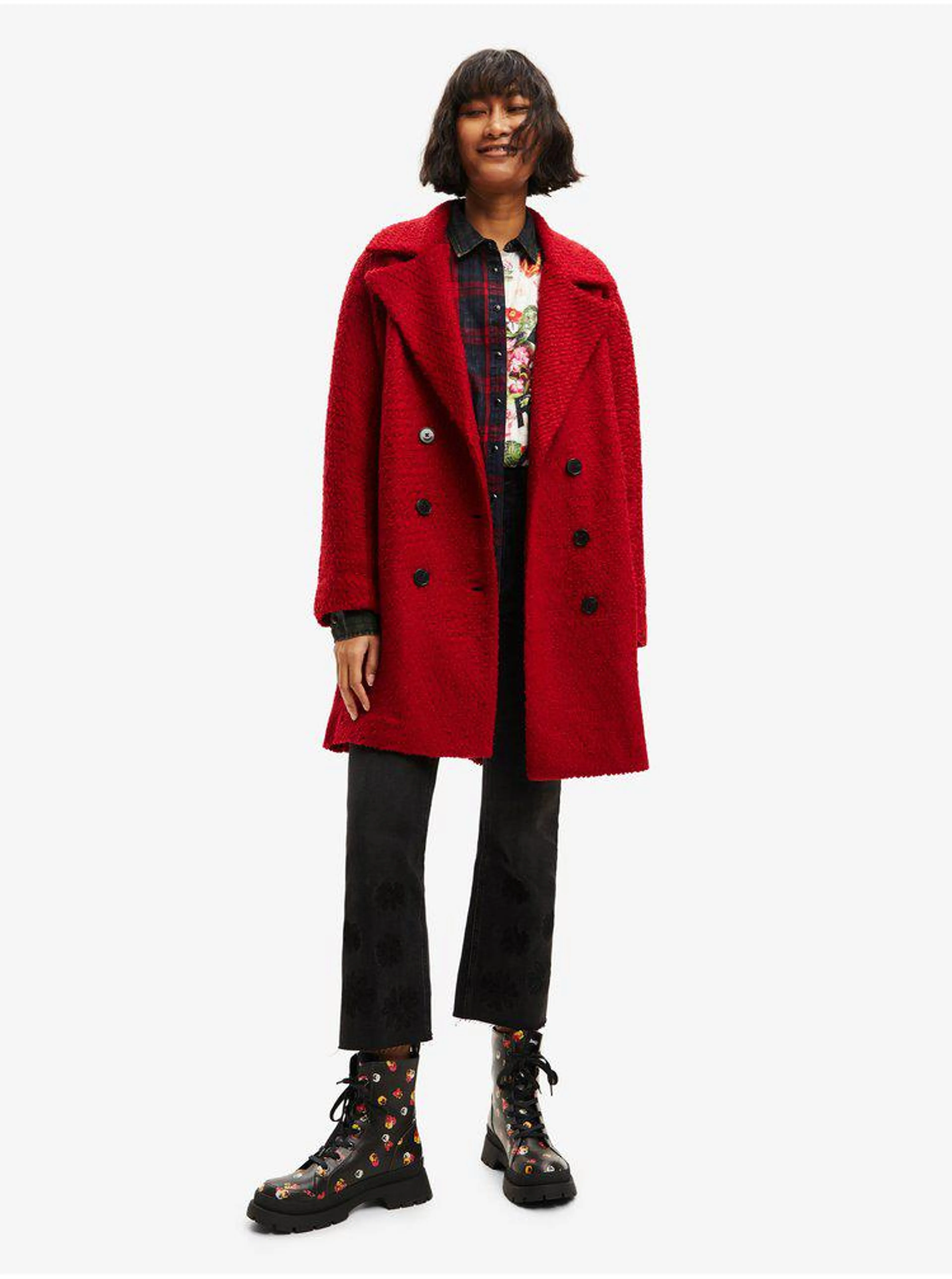 Červený dámský zimní kabát s příměsí vlny Desigual London