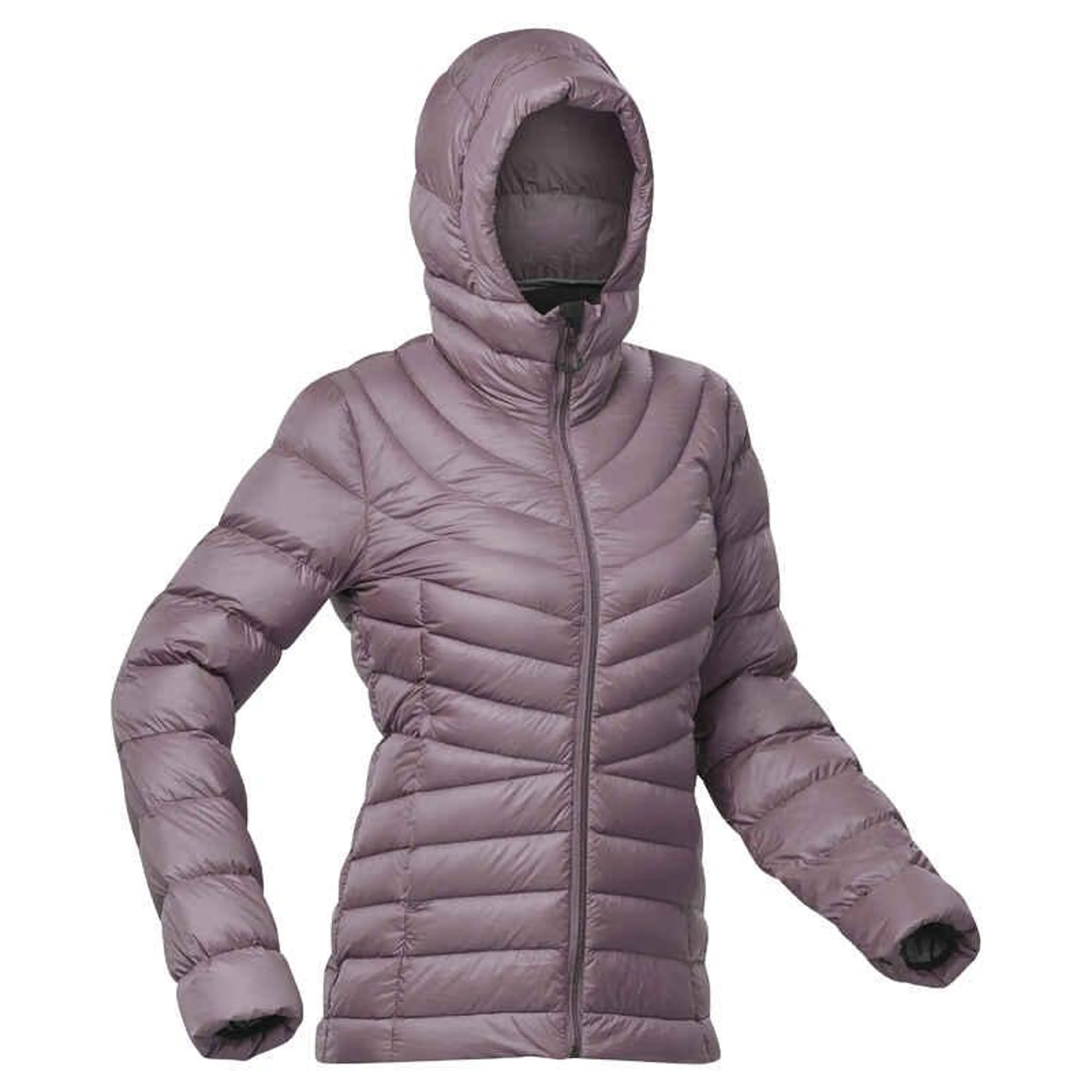 Dámska páperová bunda MT500 s kapucňou na horskú turistiku do -10 °C fialová