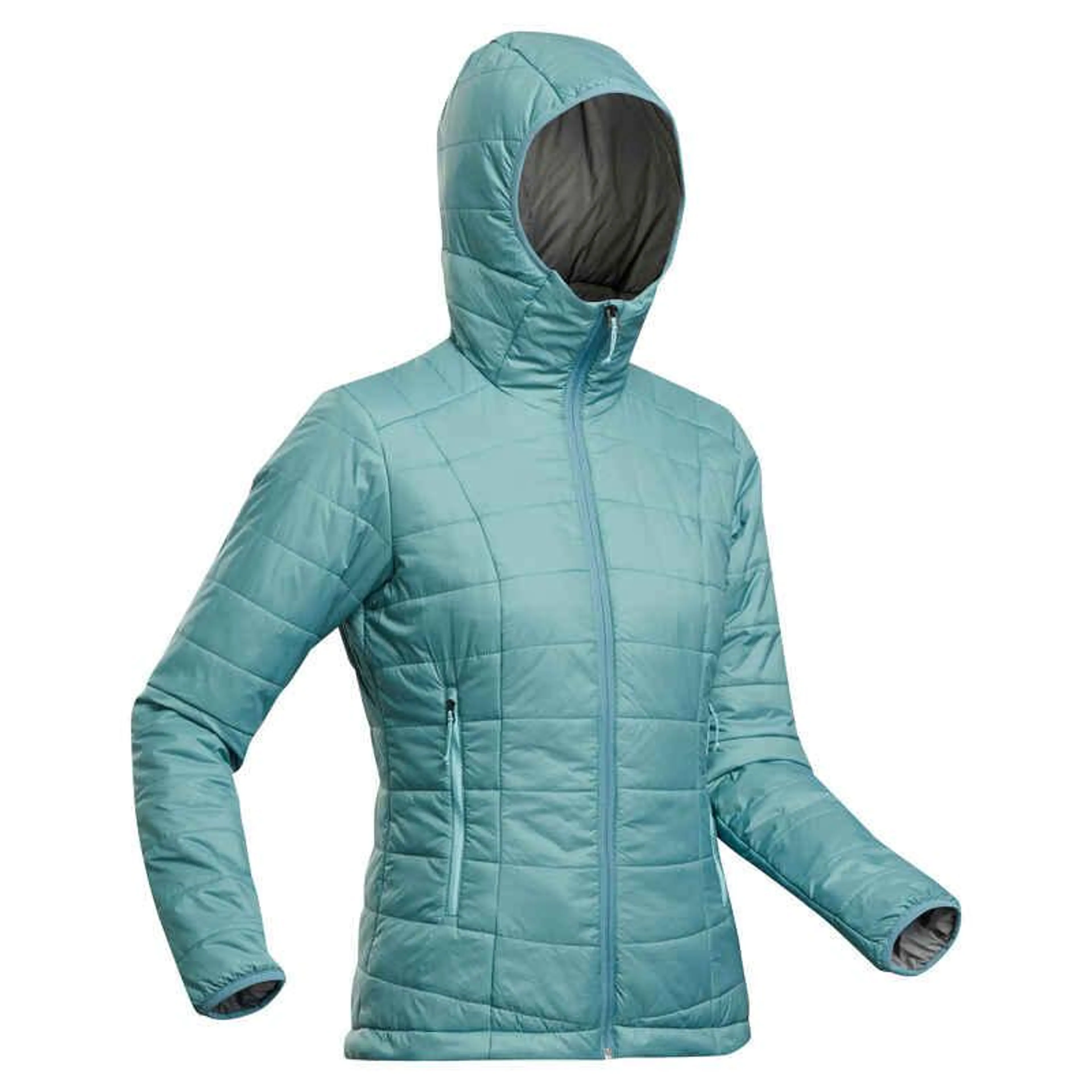 Dámska syntetická prešívaná bunda s kapucňou MT100 na horskú turistiku do -5 °C tyrkysová