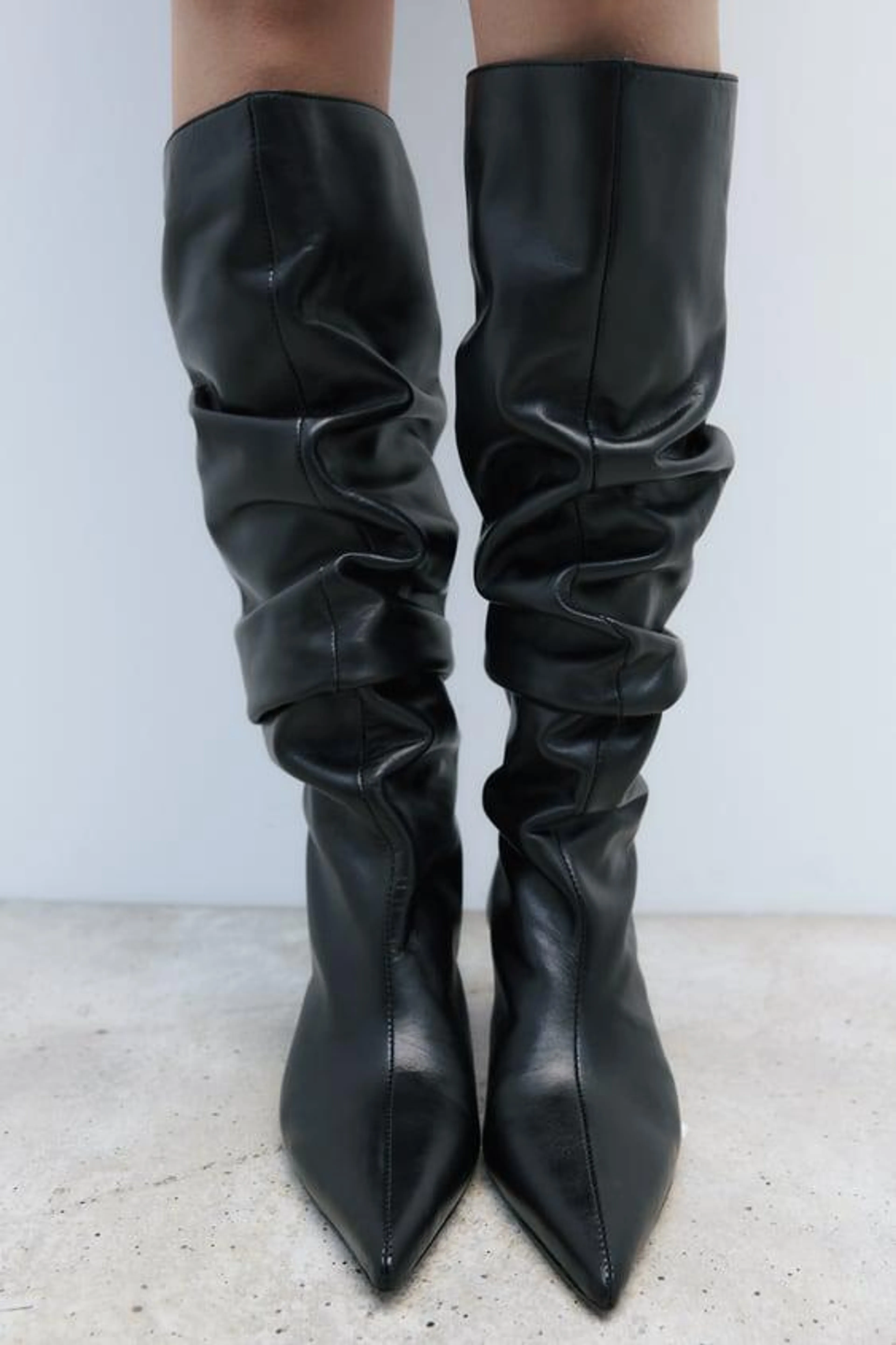 GATHERED LEATHER HIGH-HEEL BOOTS
