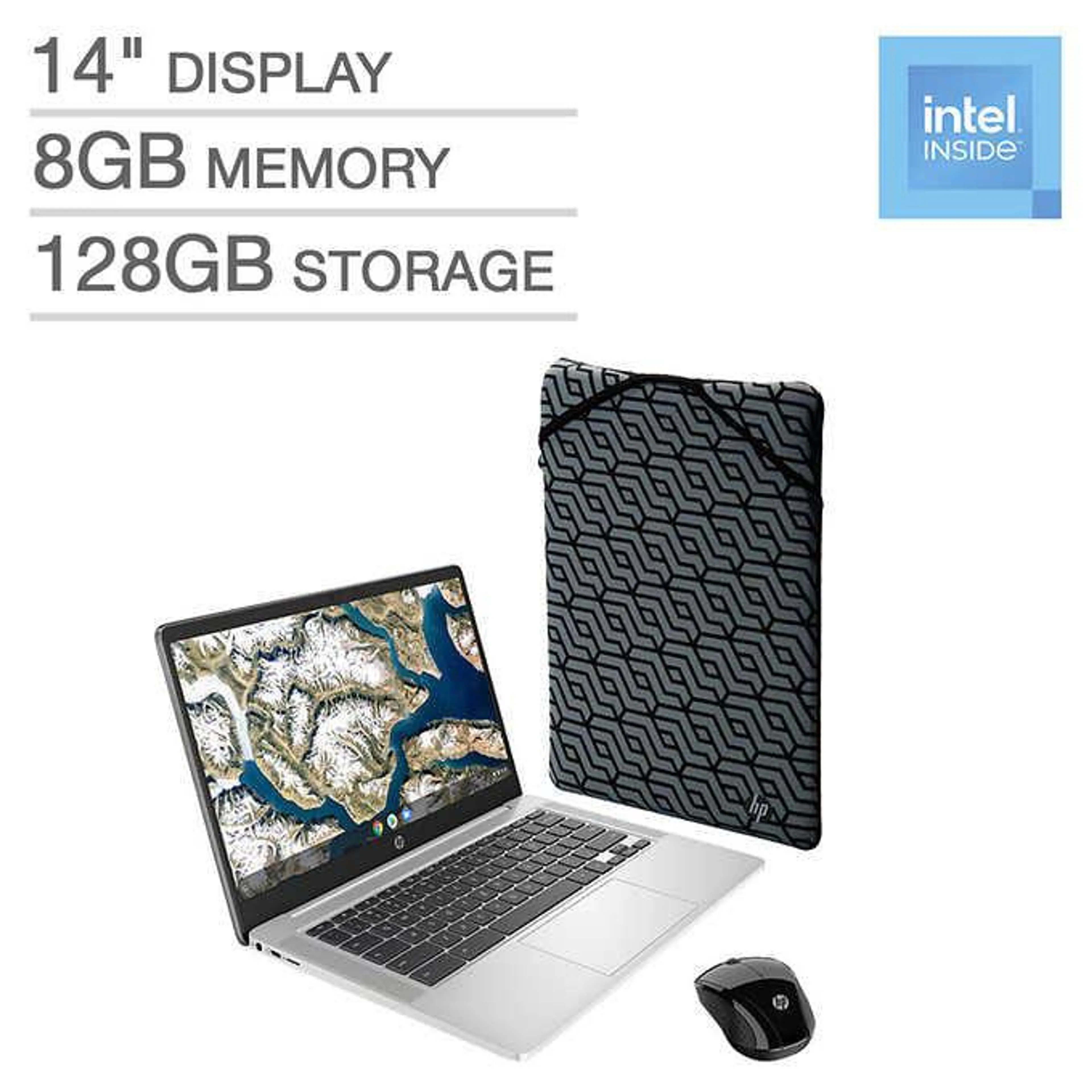 HP 14" Chromebook Laptop Bundle - Intel Celeron - 1080p - Bonus Sleeve & Wireless Mouse