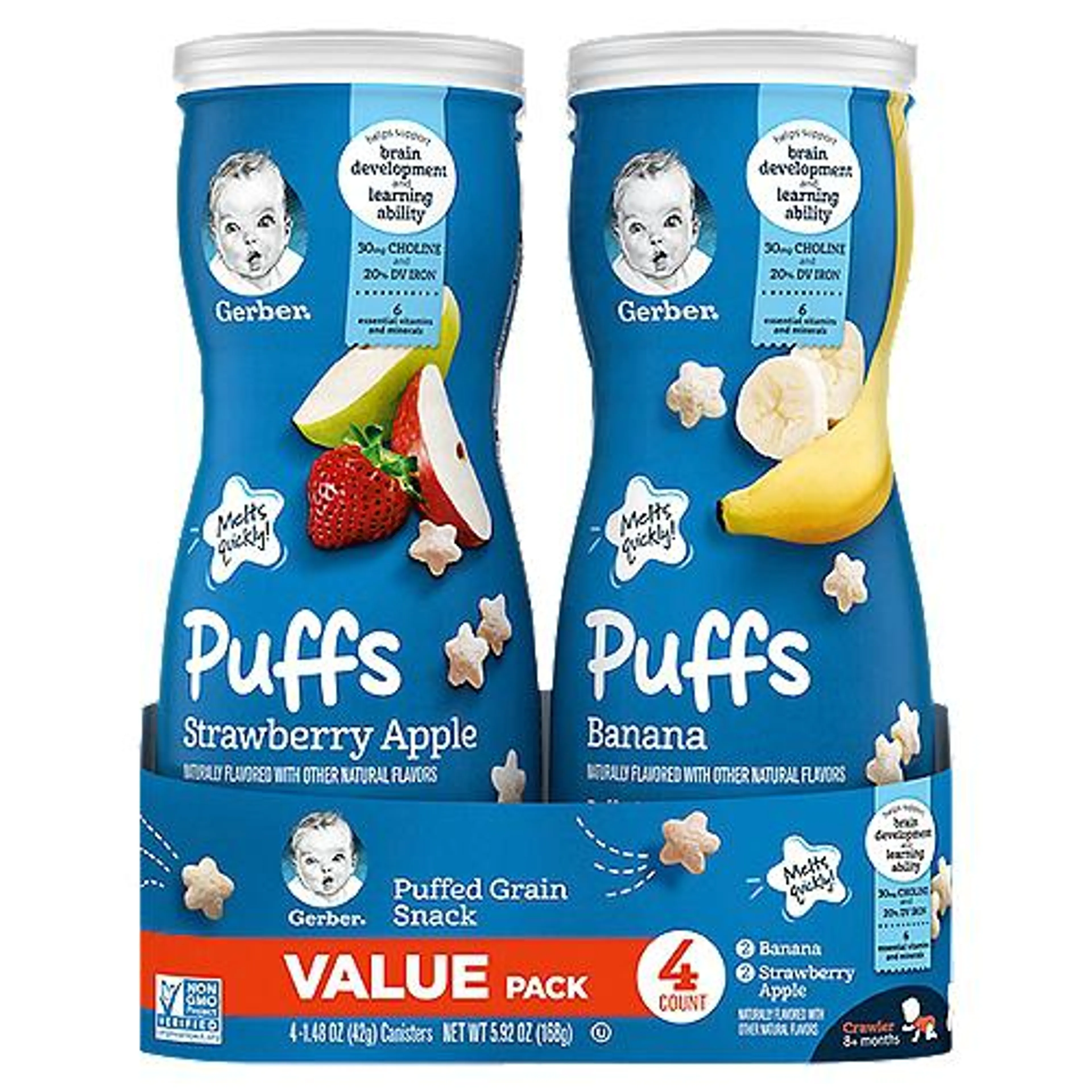 (Pack of 4) )Gerber Puffs Banana & Apple Strawberry Cereal Snacks Variety Pack, 1.48 oz