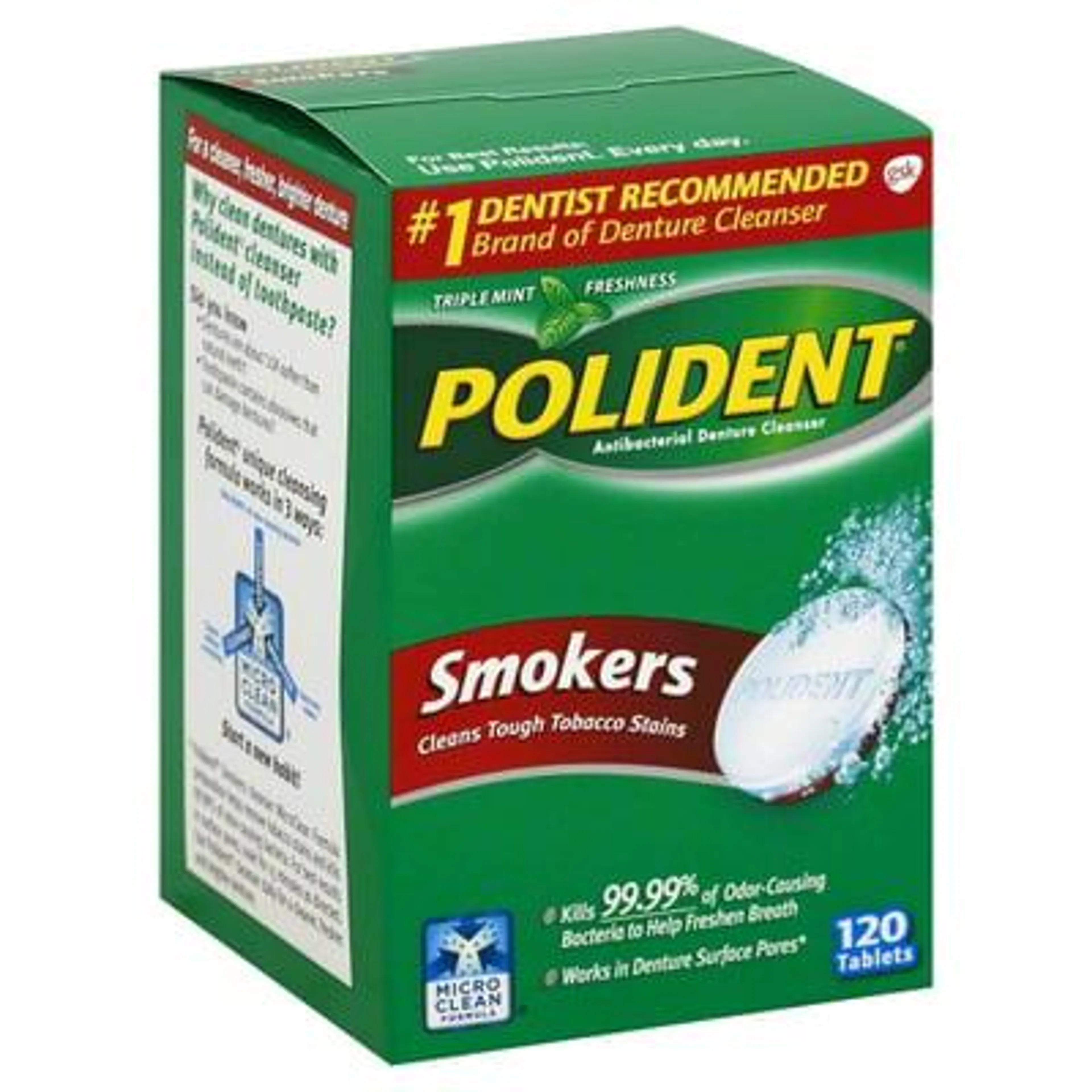Polident, Antibacterial Denture Cleanser, Triple Mint Freshness, Smokers, Tablets